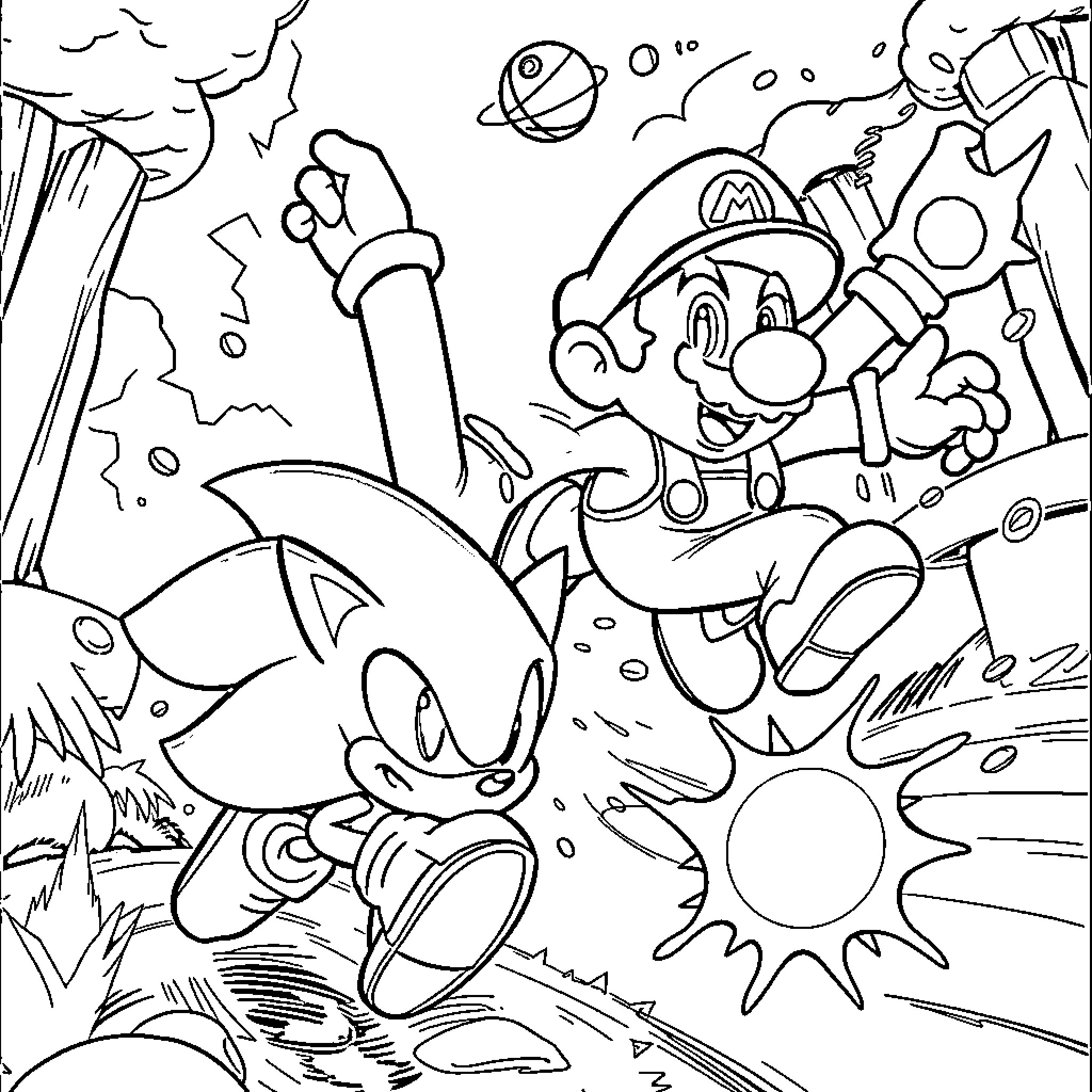 Super Mario and Sonic racing through a fantasy world Coloring Page (free black-and-white line drawing printable PDF for all, from beginners to advanced learners, including children, teens, adults, and seniors)