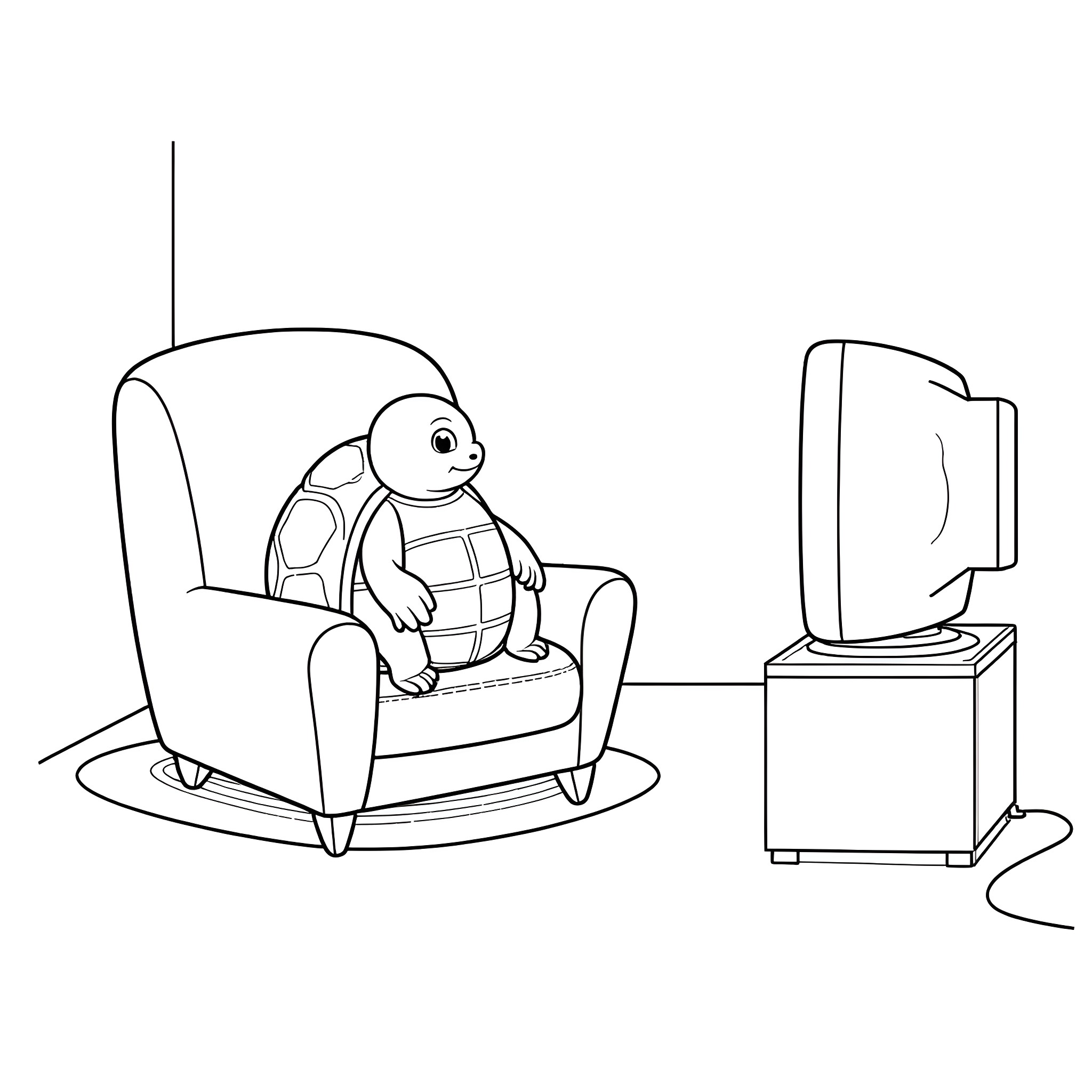 Turtle relaxing in a chair and watching TV Coloring Page (free black-and-white line drawing printable PDF for all, from beginners to advanced learners, including children, teens, adults, and seniors)