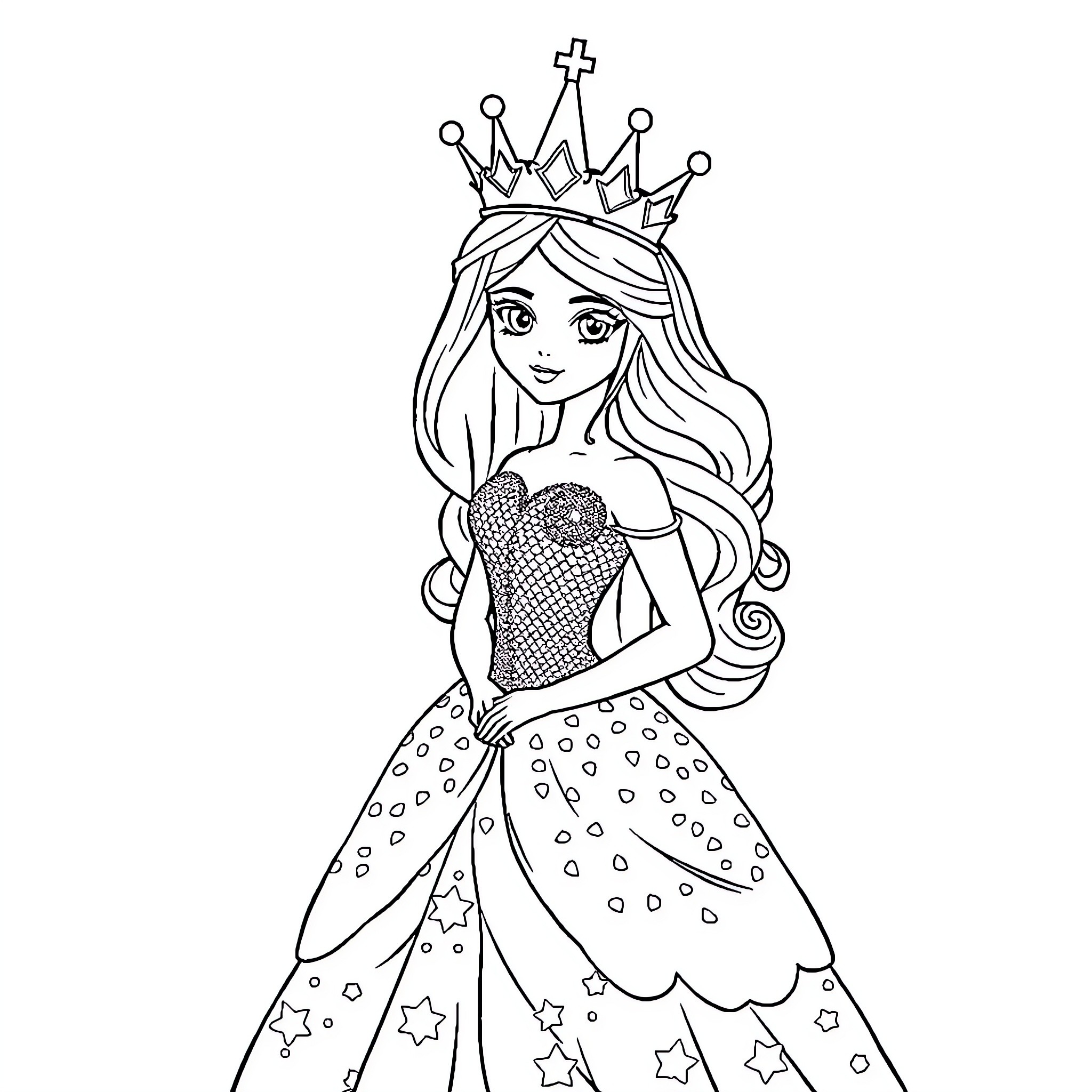 Princess in Sparkling Gown Wearing Crown Coloring Page (free black-and-white line drawing printable PDF for all, from beginners to advanced learners, including children, teens, adults, and seniors)