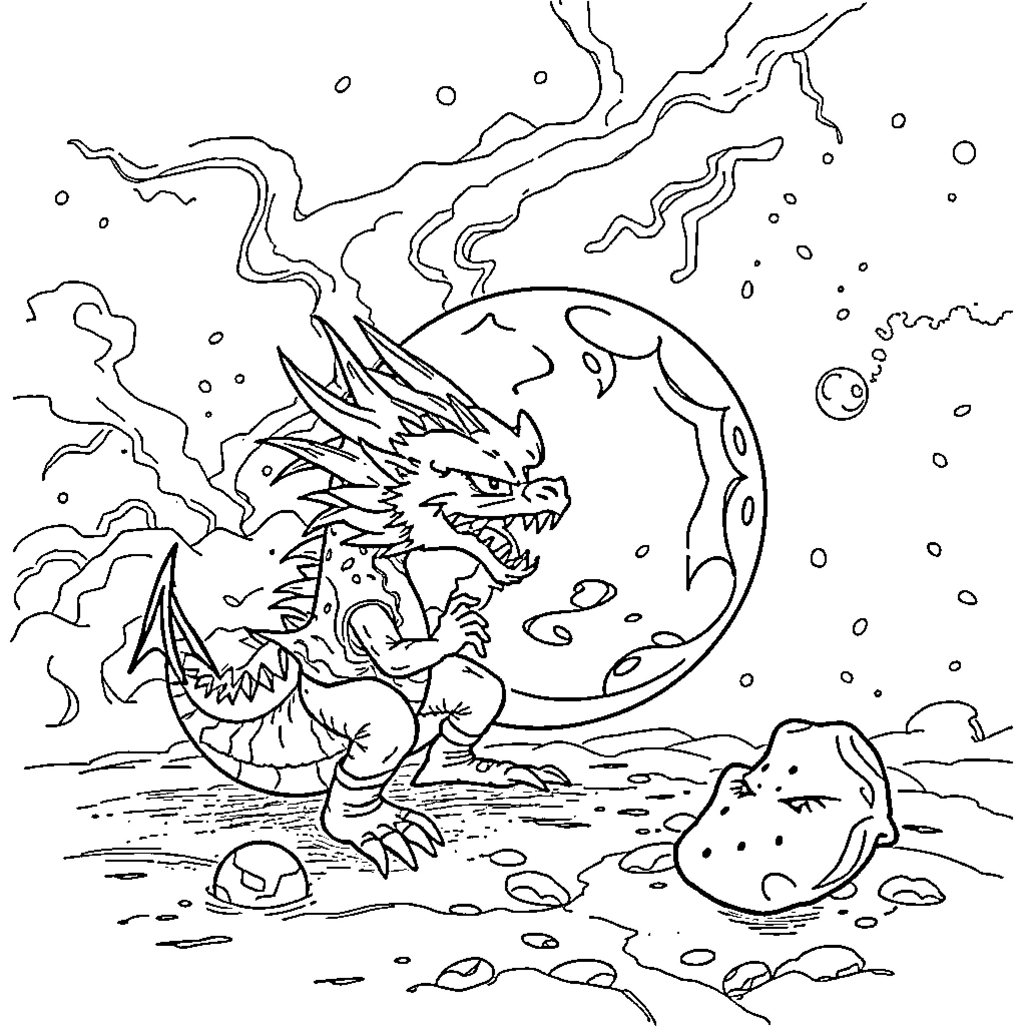 Dragon Ball Fantasy Creature Encounter in Moonlight Coloring Page (free black-and-white line drawing printable PDF for all, from beginners to advanced learners, including children, teens, adults, and seniors)