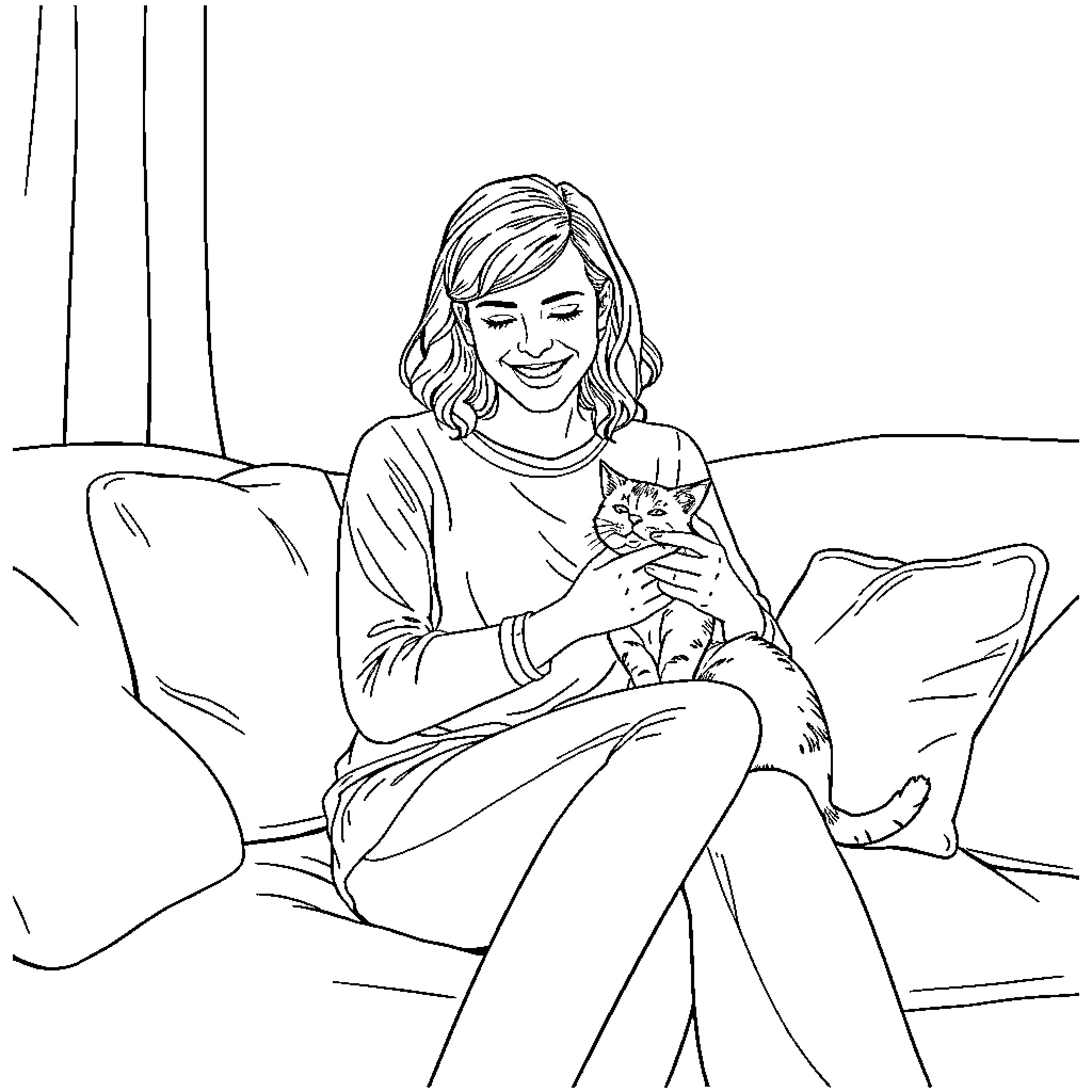 Emma Watson petting a cat on a couch Coloring Page (free black-and-white line drawing printable PDF for all, from beginners to advanced learners, including children, teens, adults, and seniors)