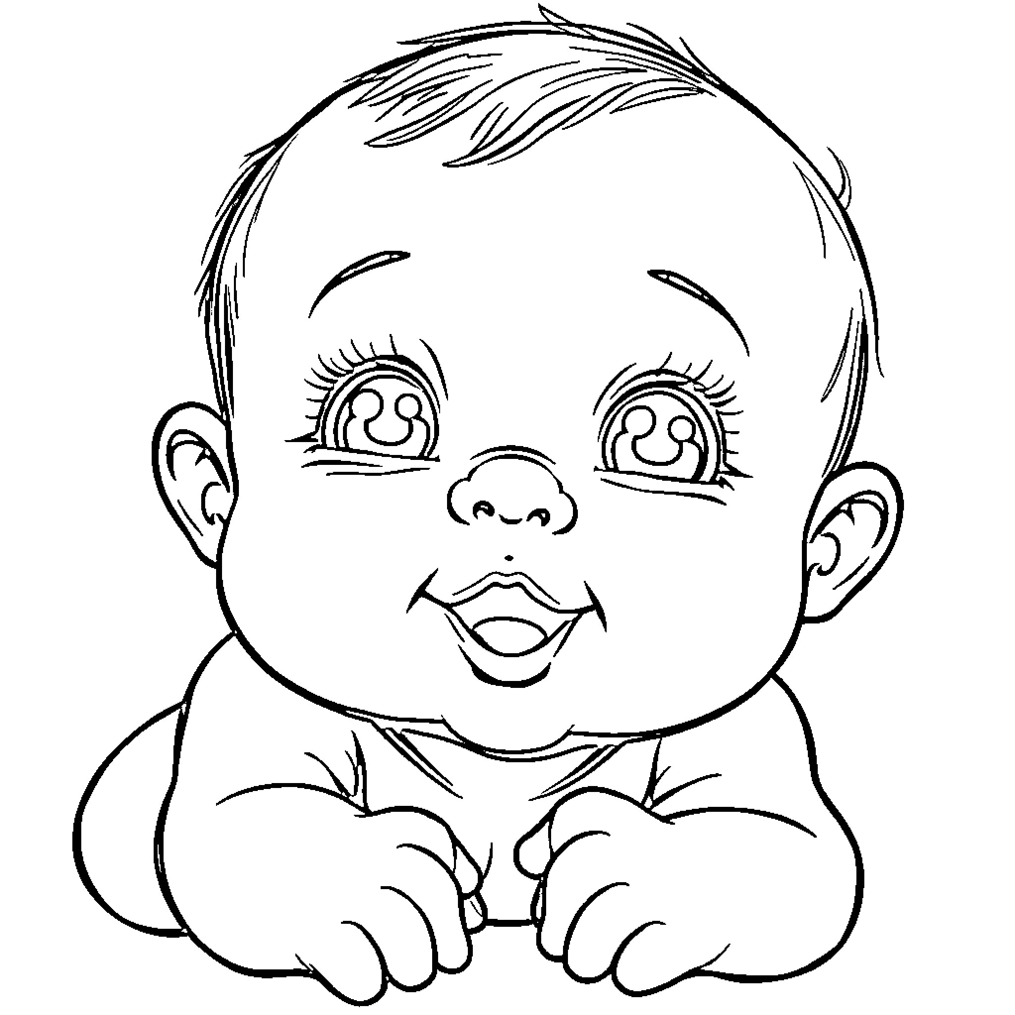 Baby with big bright eyes and happy expression Coloring Page (free black-and-white line drawing printable PDF for all, from beginners to advanced learners, including children, teens, adults, and seniors)