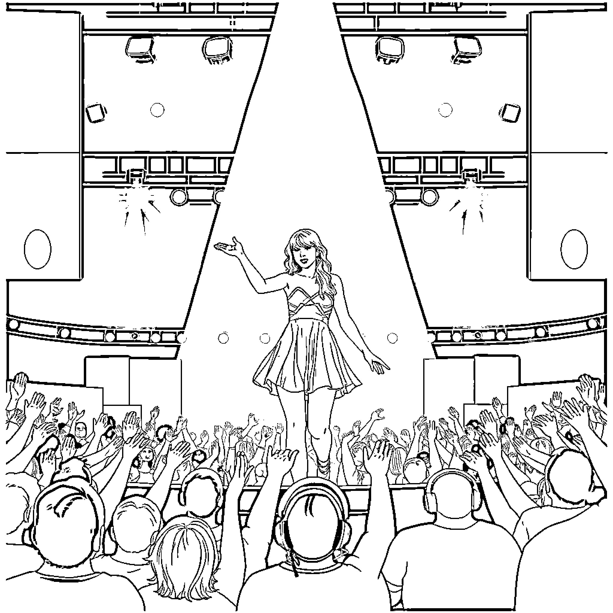Taylor Swift performing on stage before adoring crowd Coloring Page (free black-and-white line drawing printable PDF for all, from beginners to advanced learners, including children, teens, adults, and seniors)