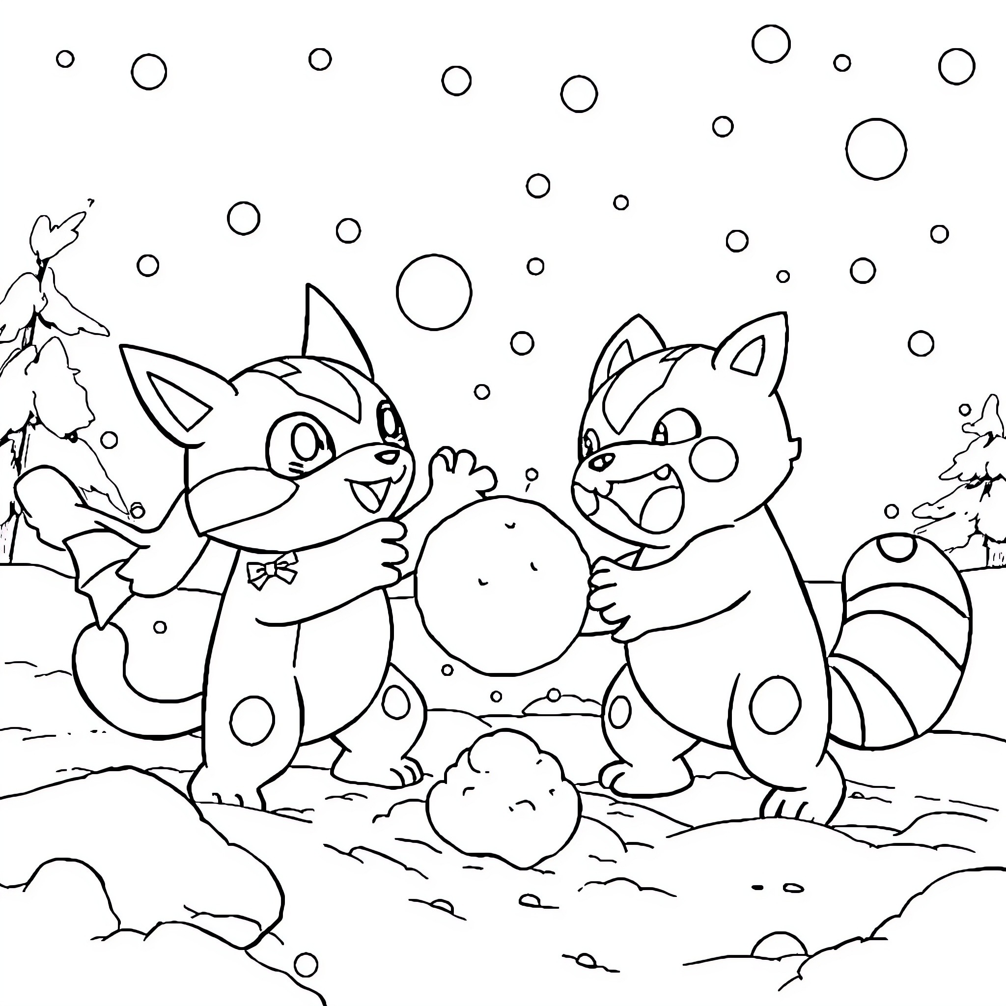 Agumon and Friends Play in the Snow Coloring Page (free black-and-white line drawing printable PDF for all, from beginners to advanced learners, including children, teens, adults, and seniors)