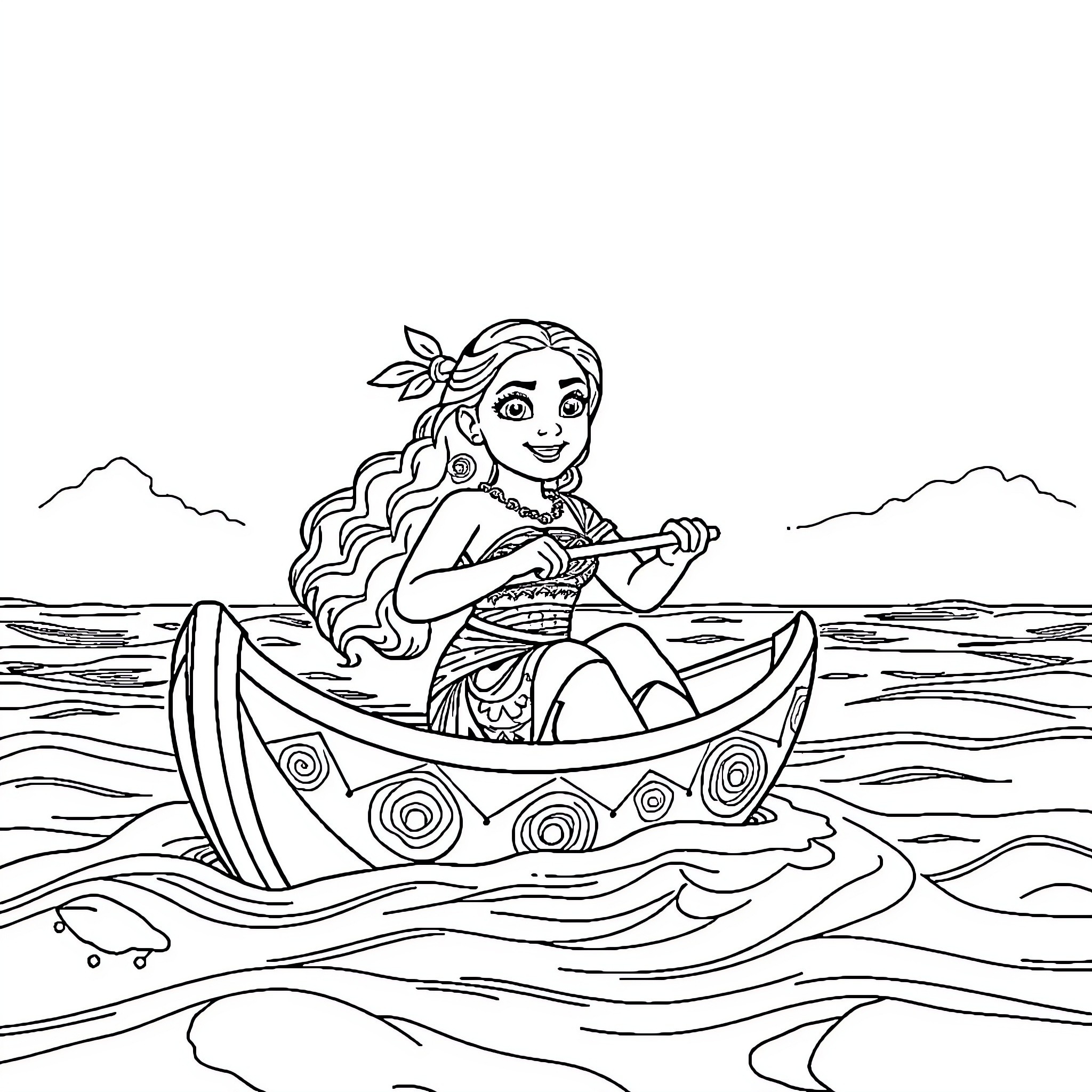 Moana paddling her boat on the ocean Coloring Page (free black-and-white line drawing printable PDF for all, from beginners to advanced learners, including children, teens, adults, and seniors)