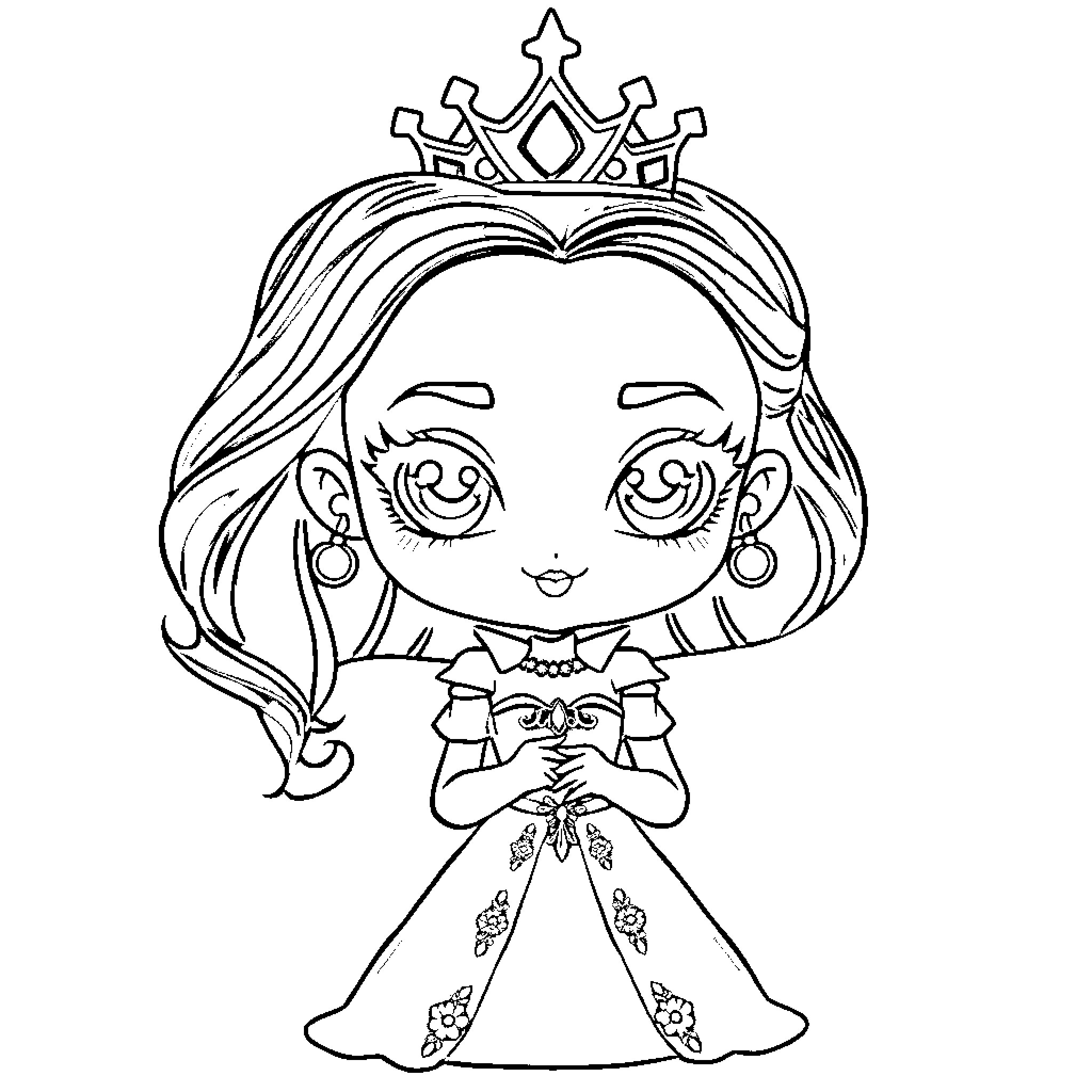 Queen in Elegant Dress with Flowing Hair Coloring Page (free black-and-white line drawing printable PDF for all, from beginners to advanced learners, including children, teens, adults, and seniors)
