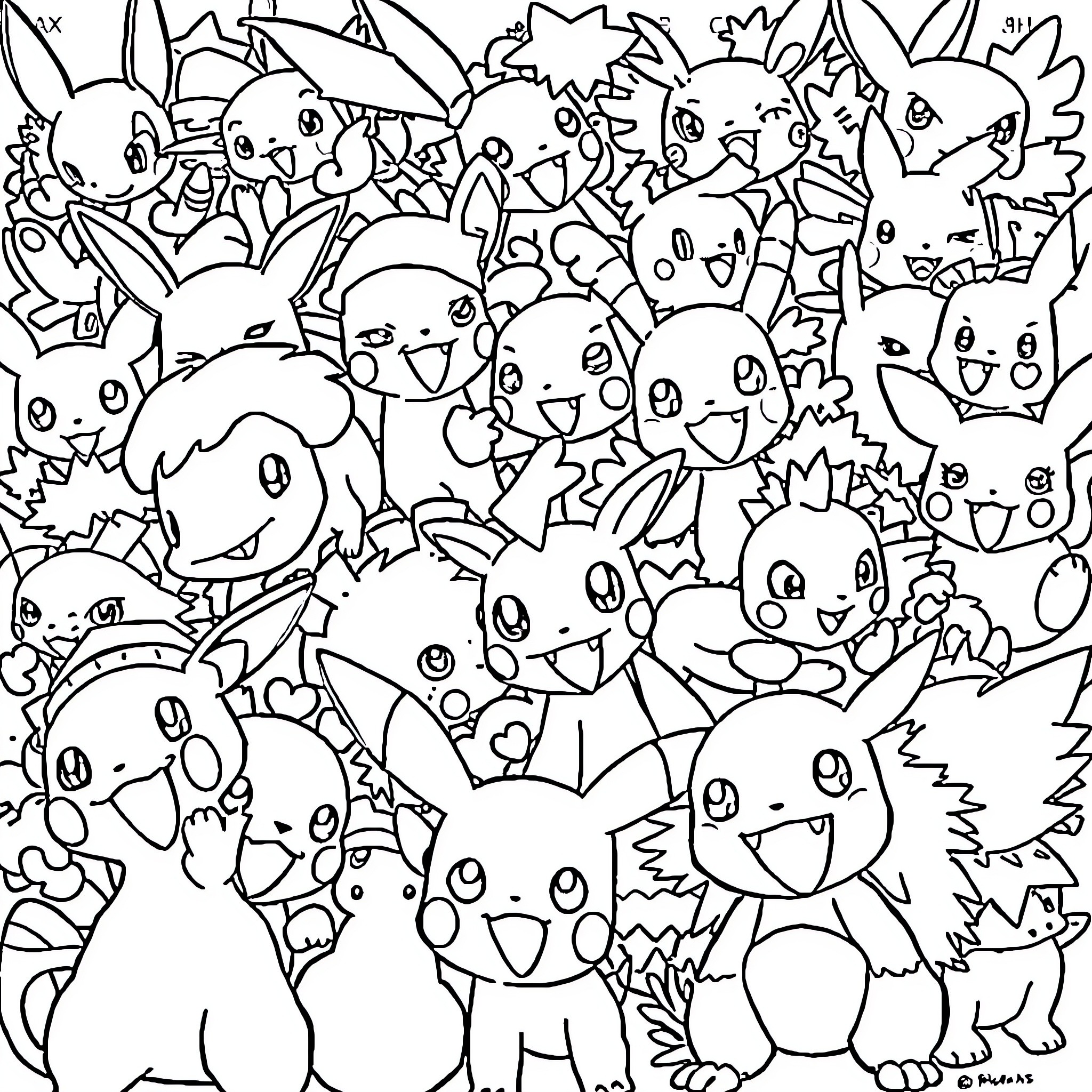 Pokémon group scene with various characters Coloring Page (free black-and-white line drawing printable PDF for all, from beginners to advanced learners, including children, teens, adults, and seniors)