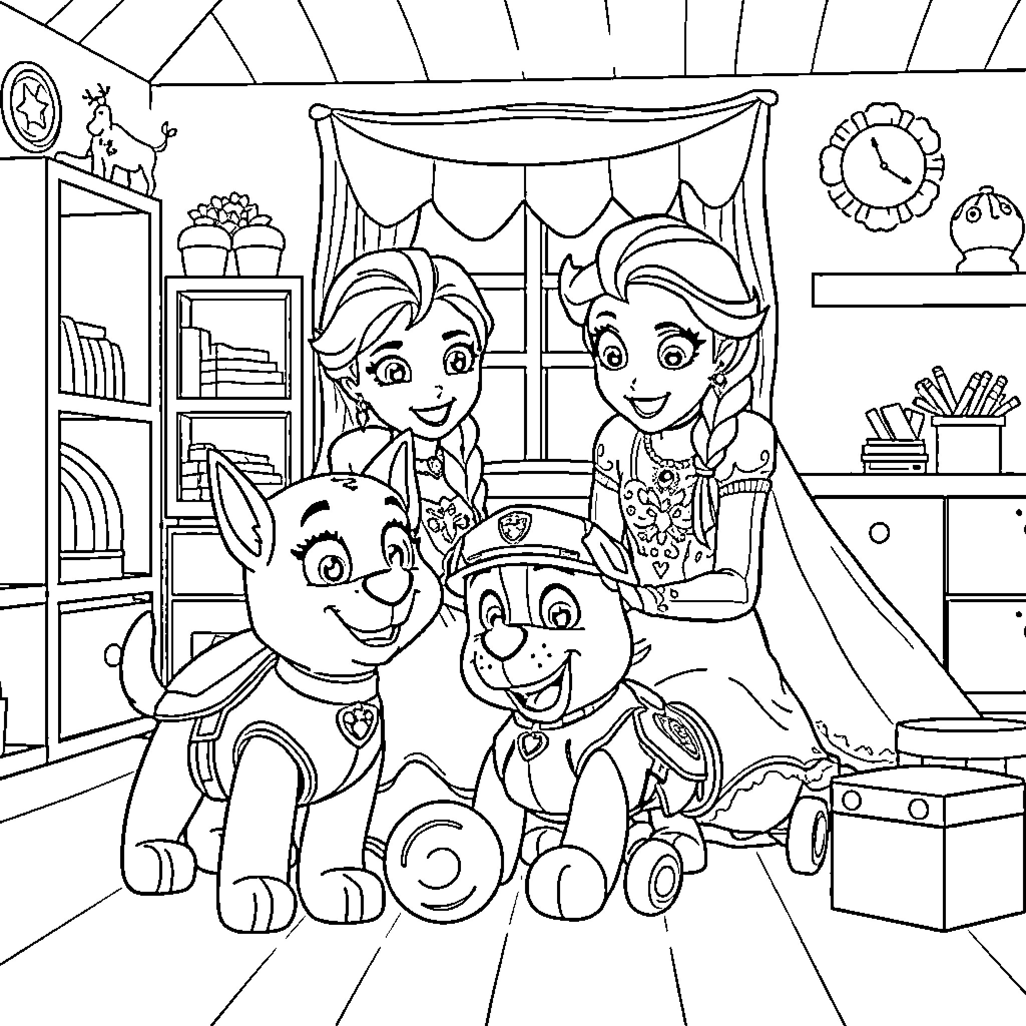 Elsa and Friends in a Cozy Room Coloring Page (free black-and-white line drawing printable PDF for all, from beginners to advanced learners, including children, teens, adults, and seniors)