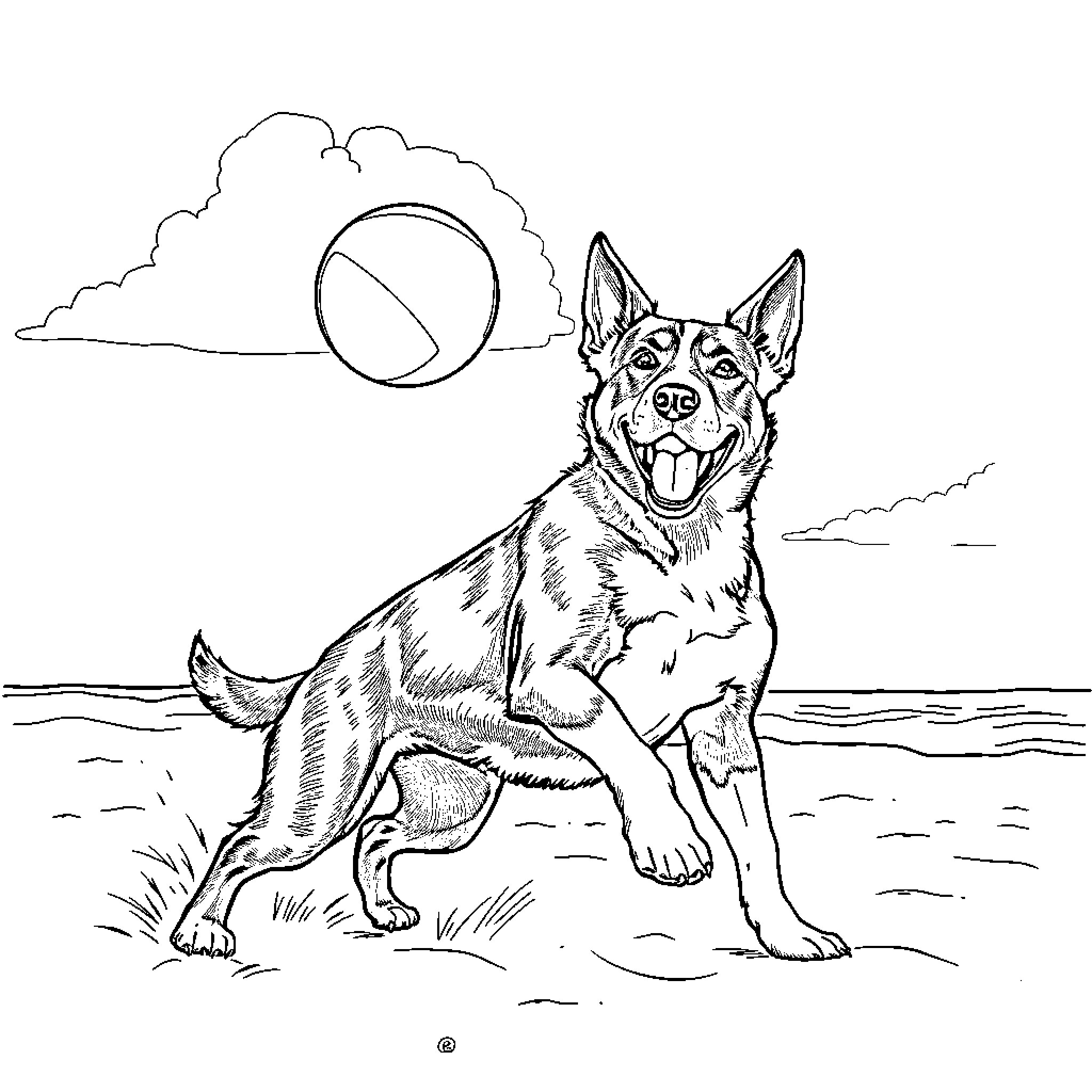 Blueye playing joyfully with a beach ball Coloring Page (free black-and-white line drawing printable PDF for all, from beginners to advanced learners, including children, teens, adults, and seniors)