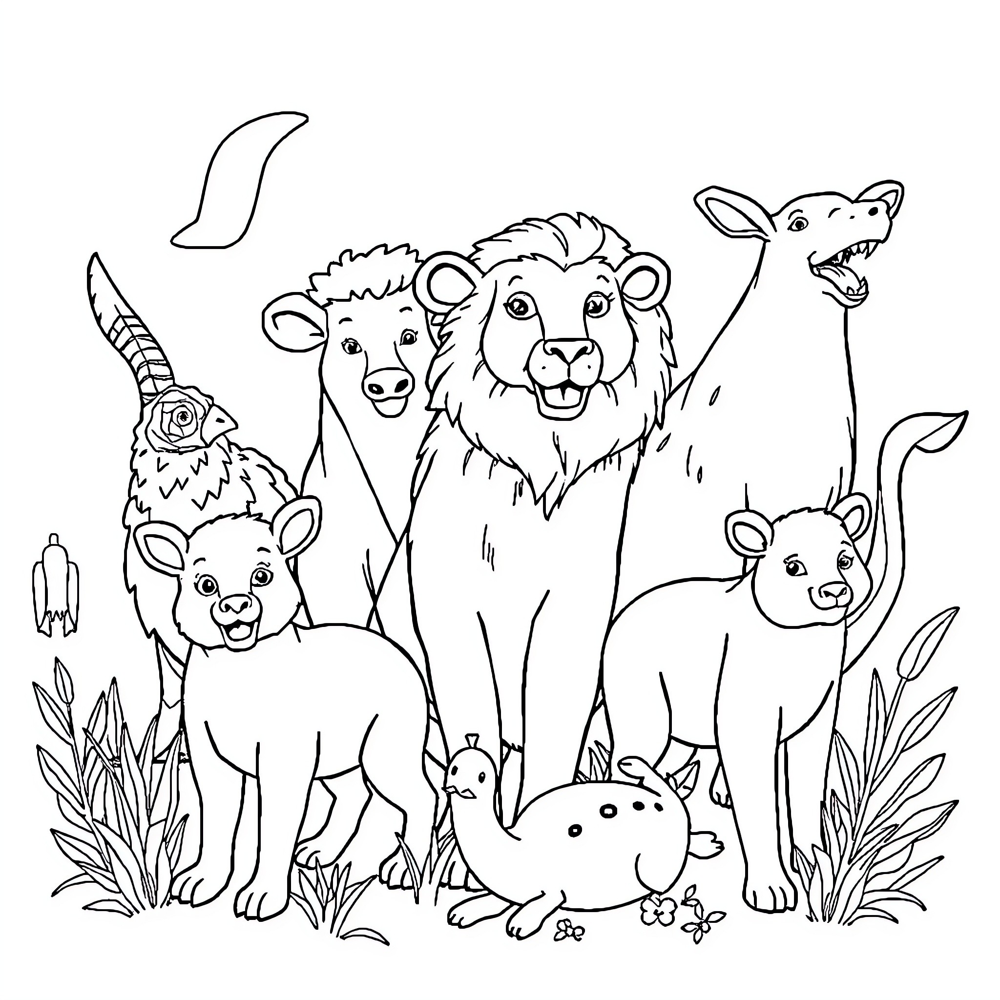 Animal Friends in the Wild Coloring Page (free black-and-white line drawing printable PDF for all, from beginners to advanced learners, including children, teens, adults, and seniors)