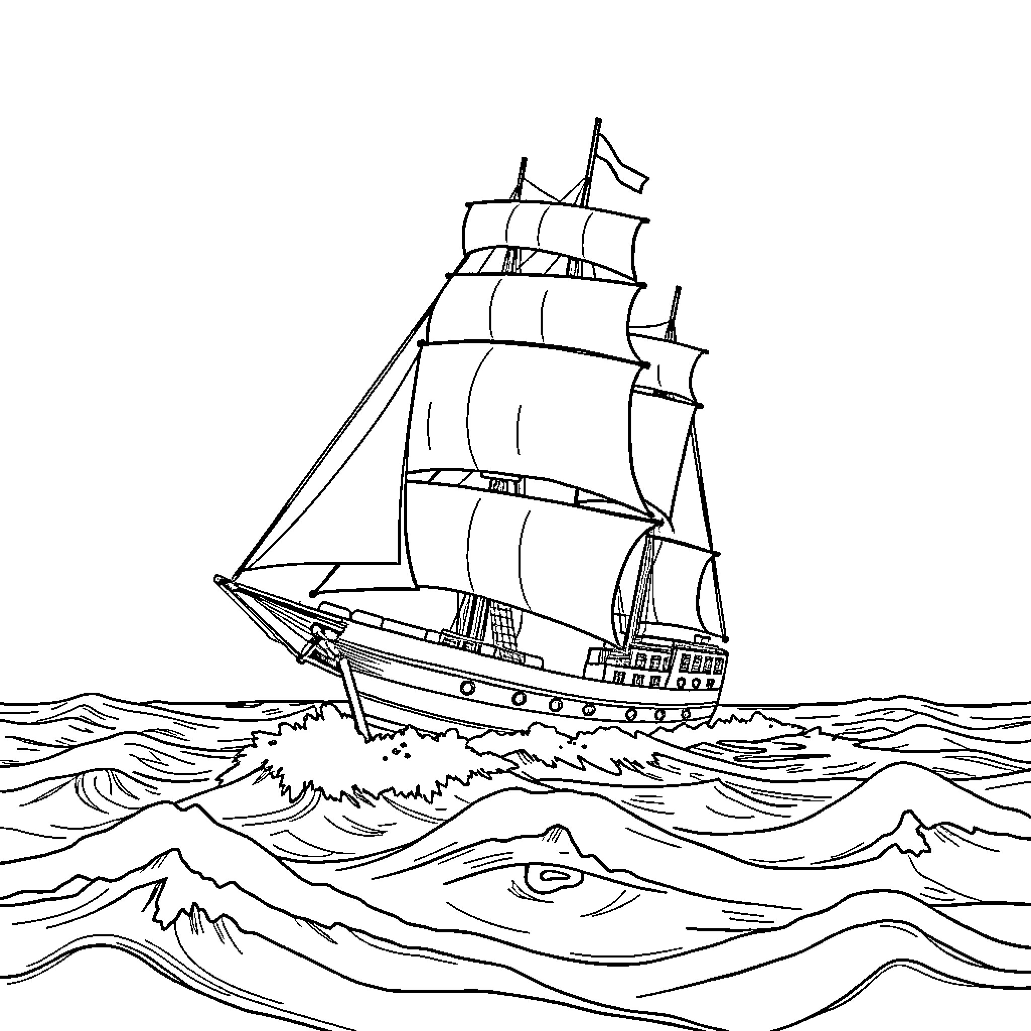 Ship Sailing Across the Stormy Seas Coloring Page (free black-and-white line drawing printable PDF for all, from beginners to advanced learners, including children, teens, adults, and seniors)
