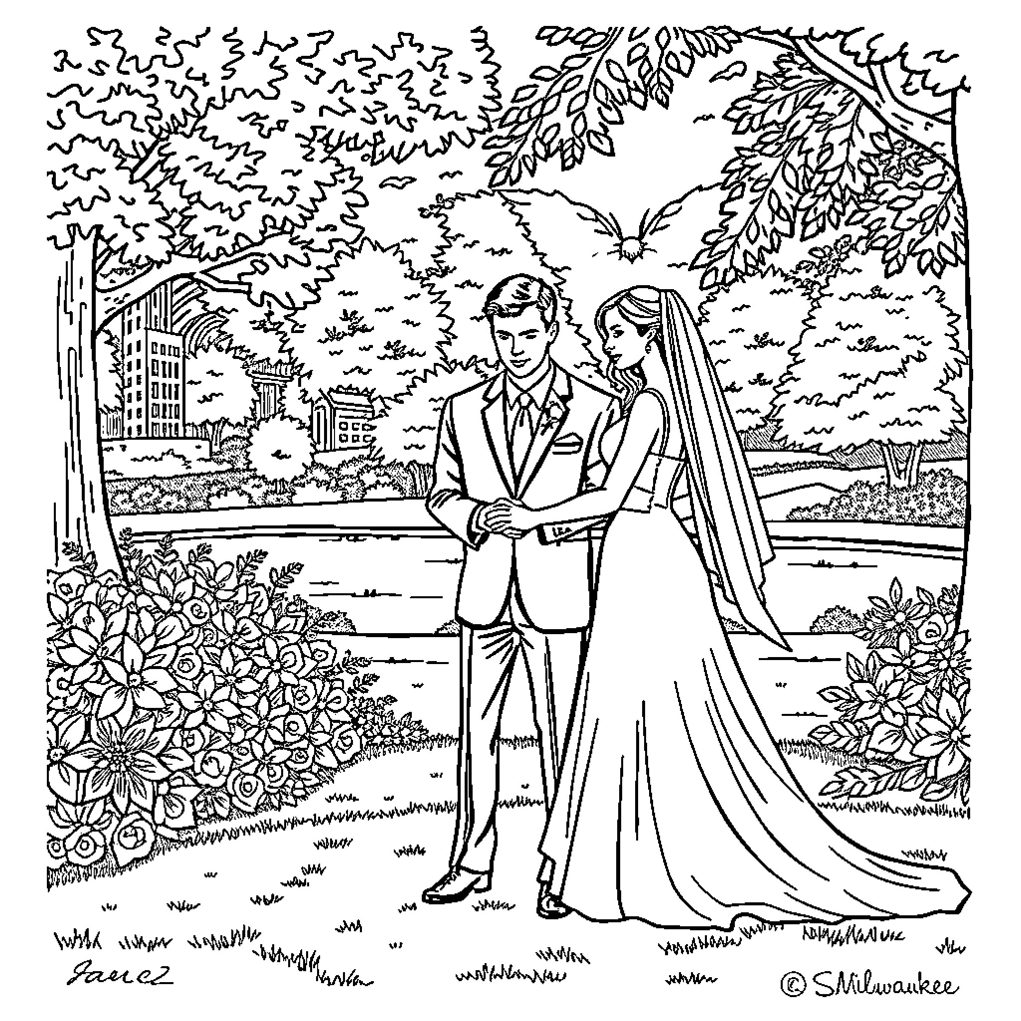 Bride and Groom in Romantic Garden Coloring Page (free black-and-white line drawing printable PDF for all, from beginners to advanced learners, including children, teens, adults, and seniors)