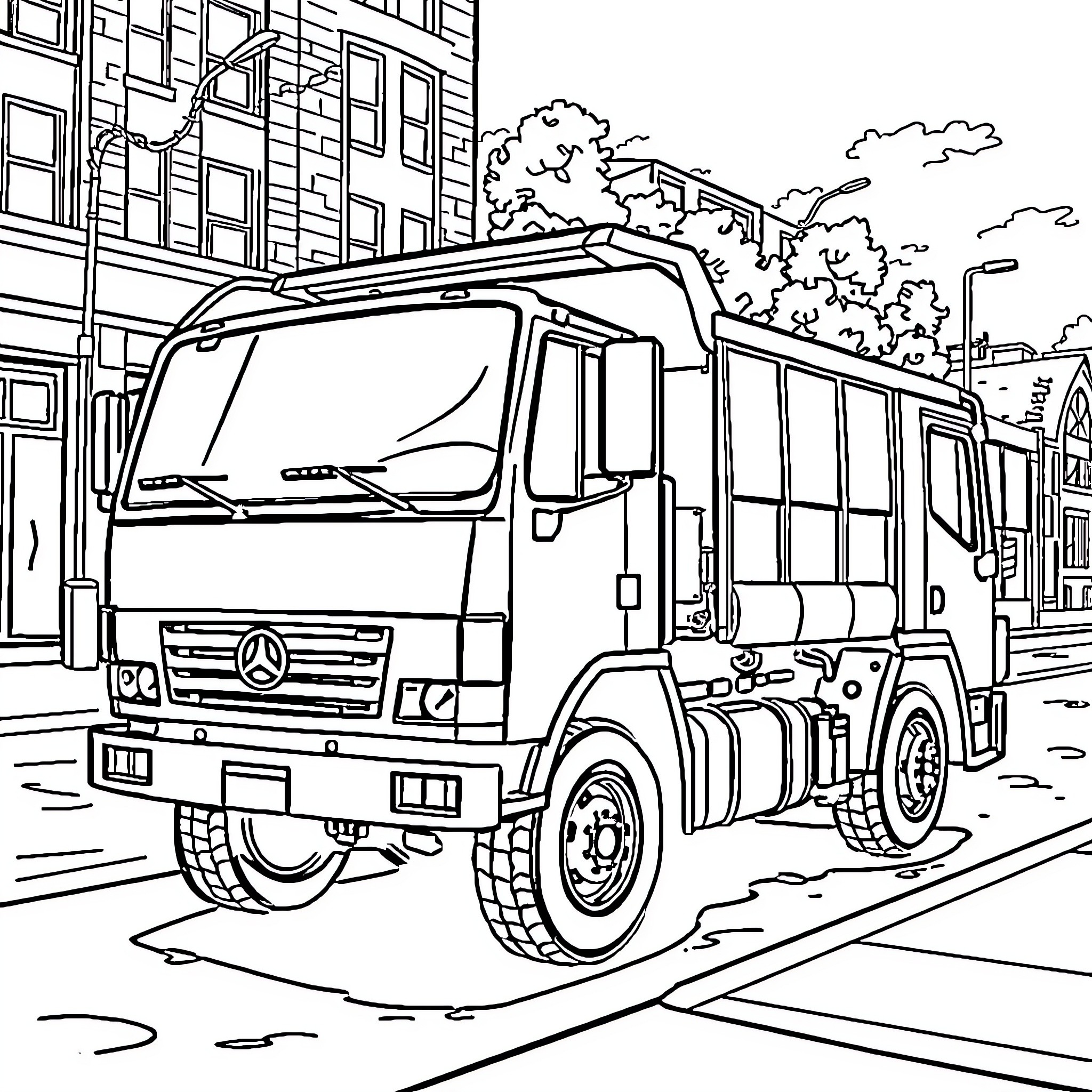 Skip Truck Transporting Materials in the City Coloring Page (free black-and-white line drawing printable PDF for all, from beginners to advanced learners, including children, teens, adults, and seniors)