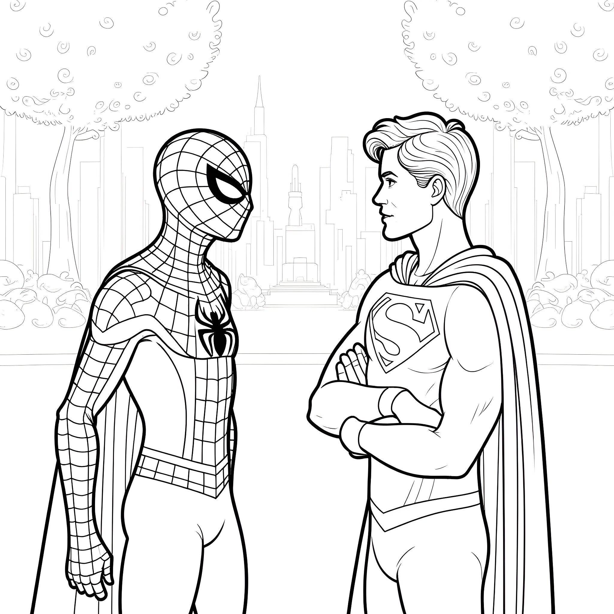 Superhero duo in action pose Coloring Page (free black-and-white line drawing printable PDF for all, from beginners to advanced learners, including children, teens, adults, and seniors)