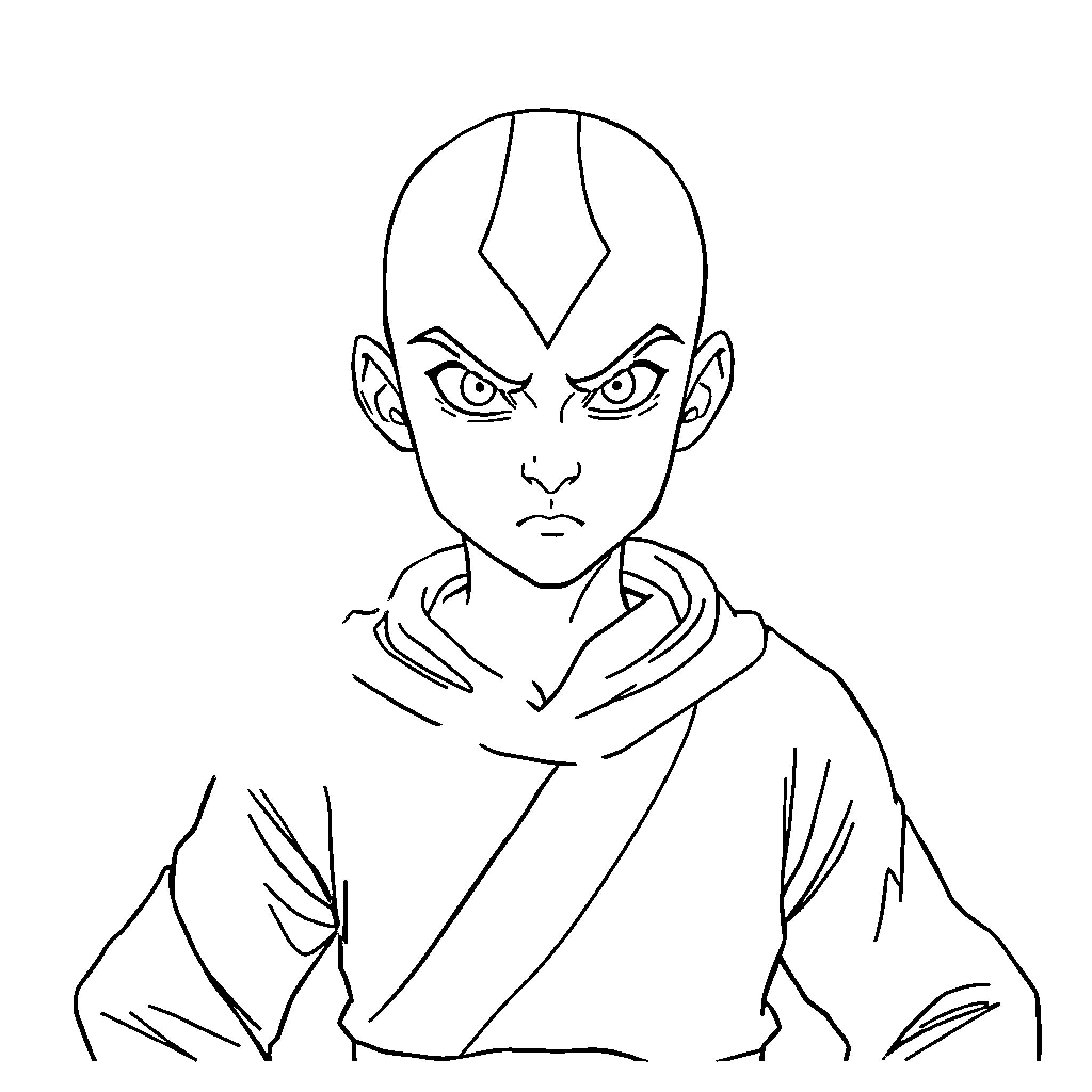 Aang in a serious contemplative pose Coloring Page (free black-and-white line drawing printable PDF for all, from beginners to advanced learners, including children, teens, adults, and seniors)