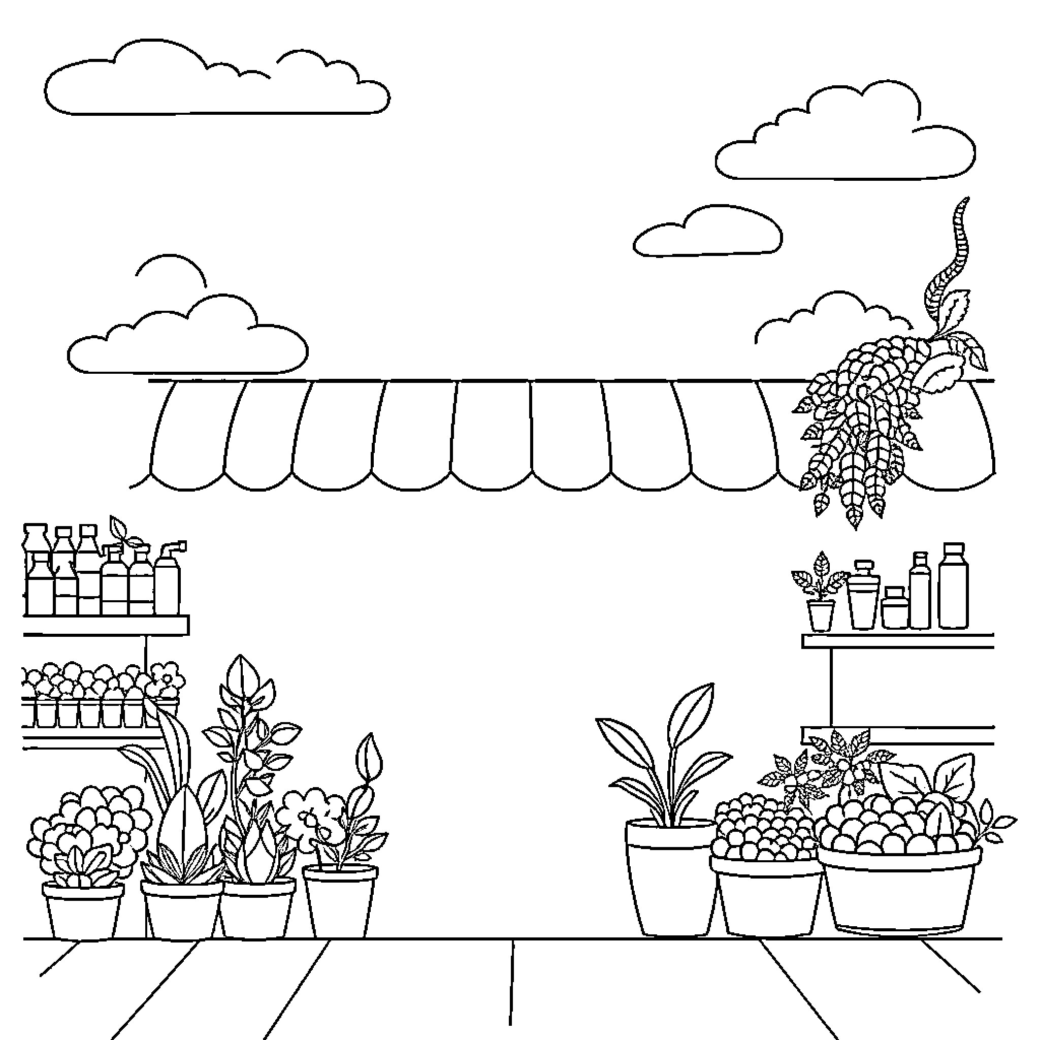 Branding a Vibrant Plant-Based Market Coloring Page (free black-and-white line drawing printable PDF for all, from beginners to advanced learners, including children, teens, adults, and seniors)