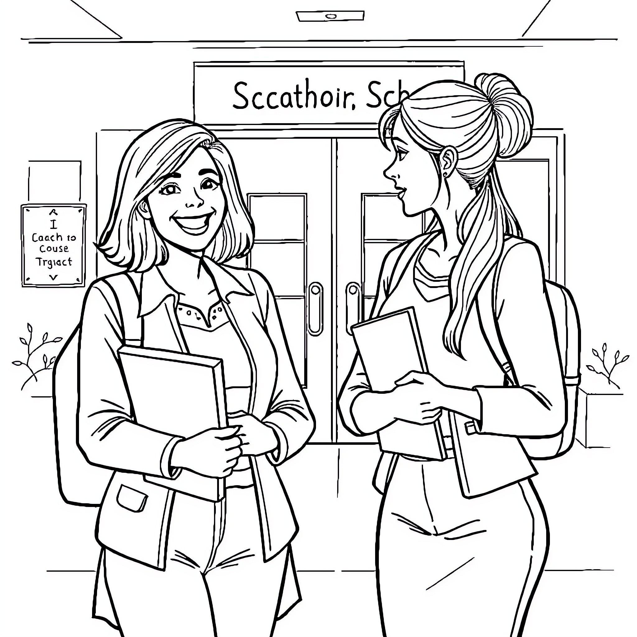 Teacher greets student at school entrance Coloring Page (free black-and-white line drawing printable PDF for all, from beginners to advanced learners, including children, teens, adults, and seniors)