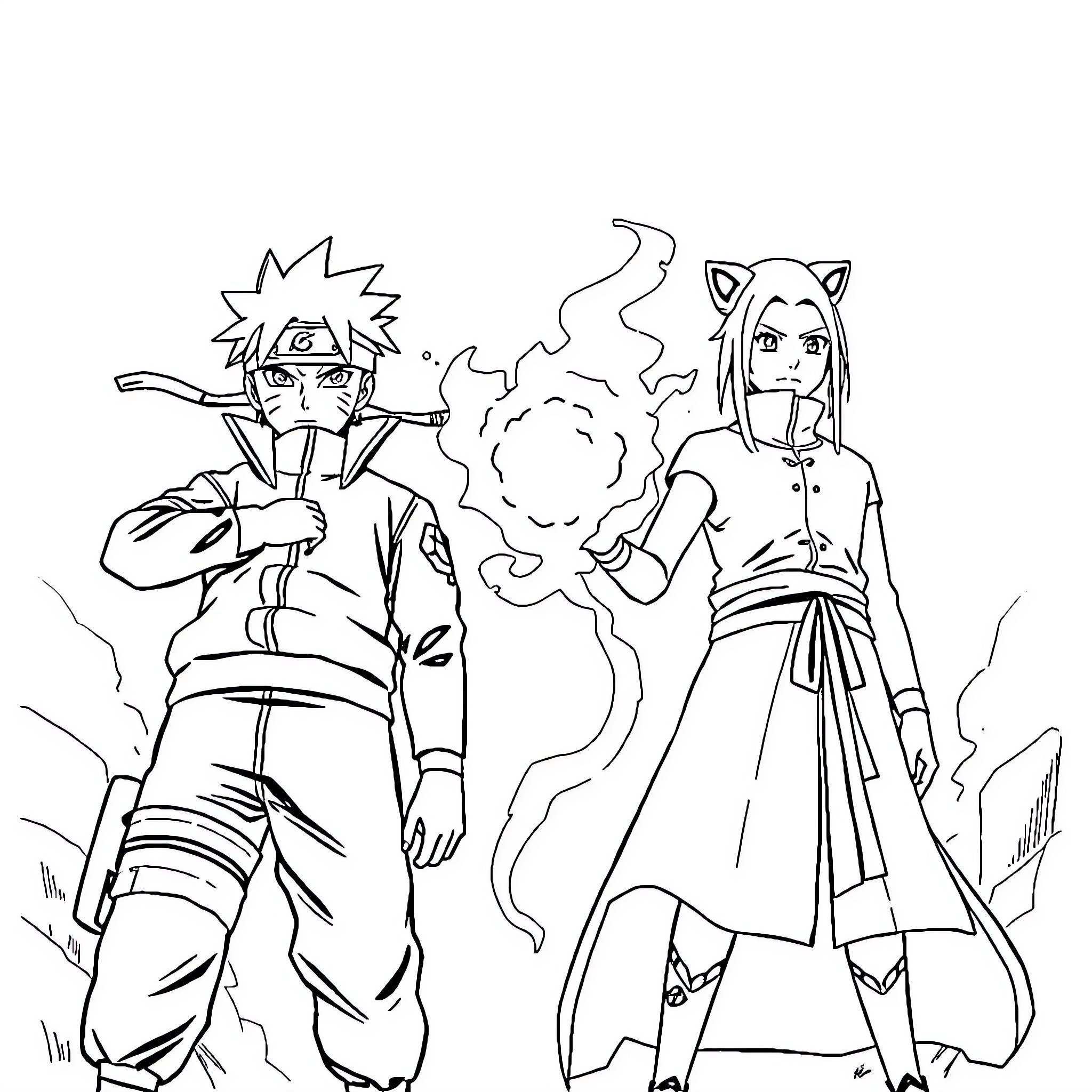 Naruto and Fox Companion in Action Coloring Page (free black-and-white line drawing printable PDF for all, from beginners to advanced learners, including children, teens, adults, and seniors)