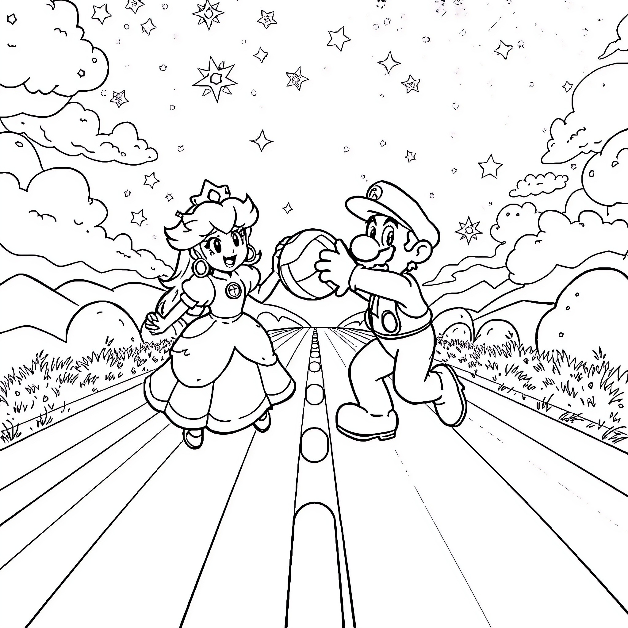 Princess and Plumber Exploring Starry Landscape Coloring Page (free black-and-white line drawing printable PDF for all, from beginners to advanced learners, including children, teens, adults, and seniors)