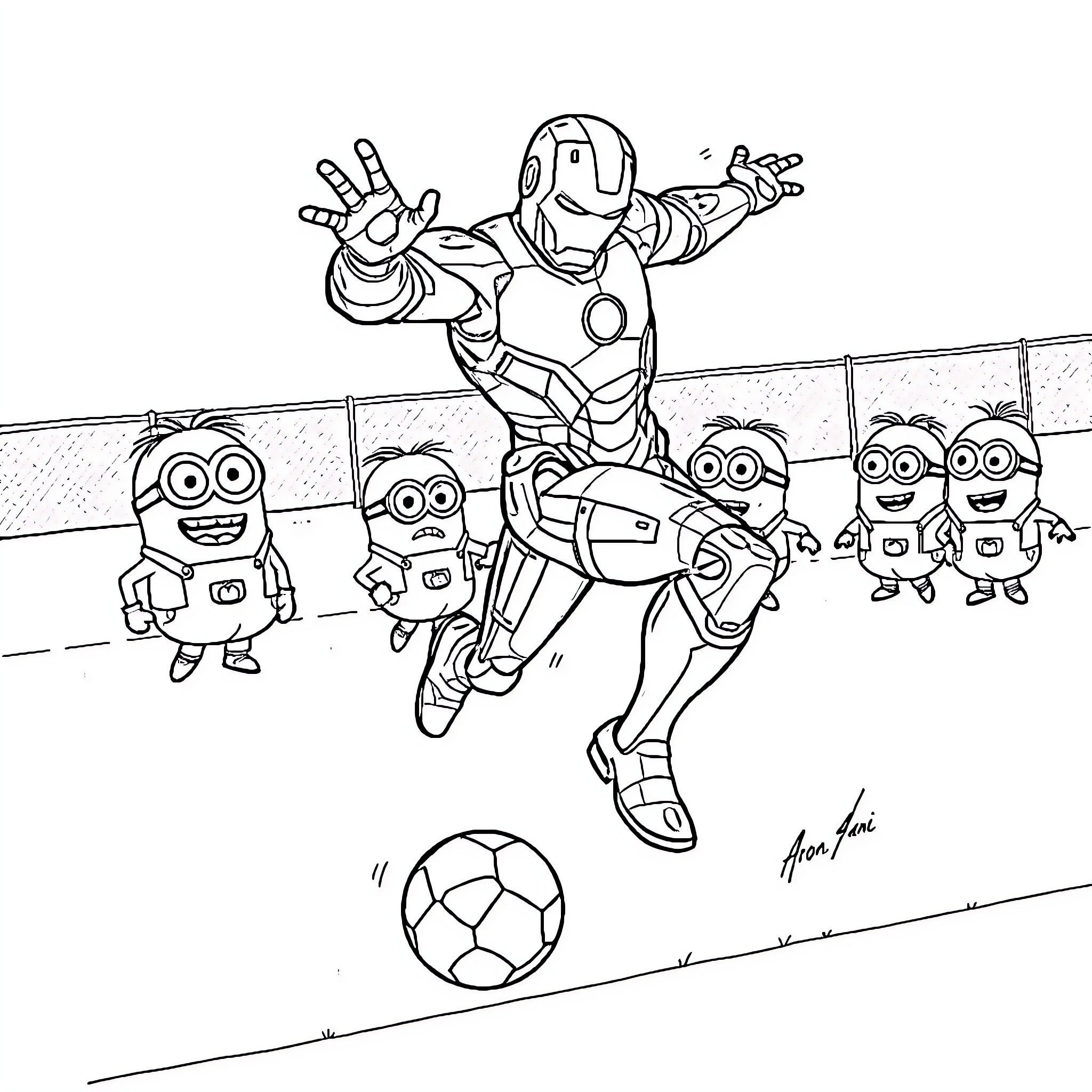 Iron Man assisting Minions in a soccer game Coloring Page (free black-and-white line drawing printable PDF for all, from beginners to advanced learners, including children, teens, adults, and seniors)