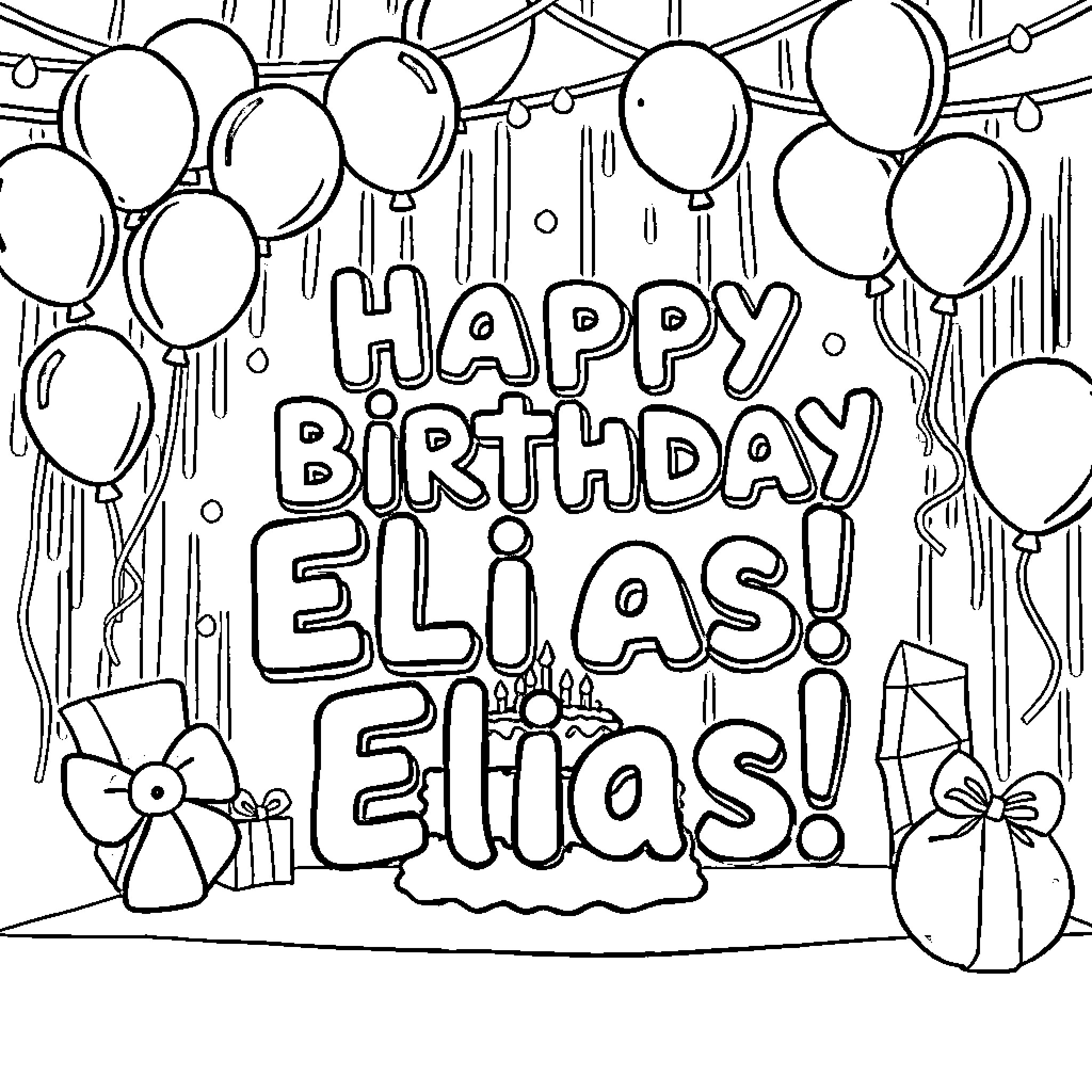 Danny Go Celebrates Happy Birthday with Balloons and Gifts Coloring Page (free black-and-white line drawing printable PDF for all, from beginners to advanced learners, including children, teens, adults, and seniors)