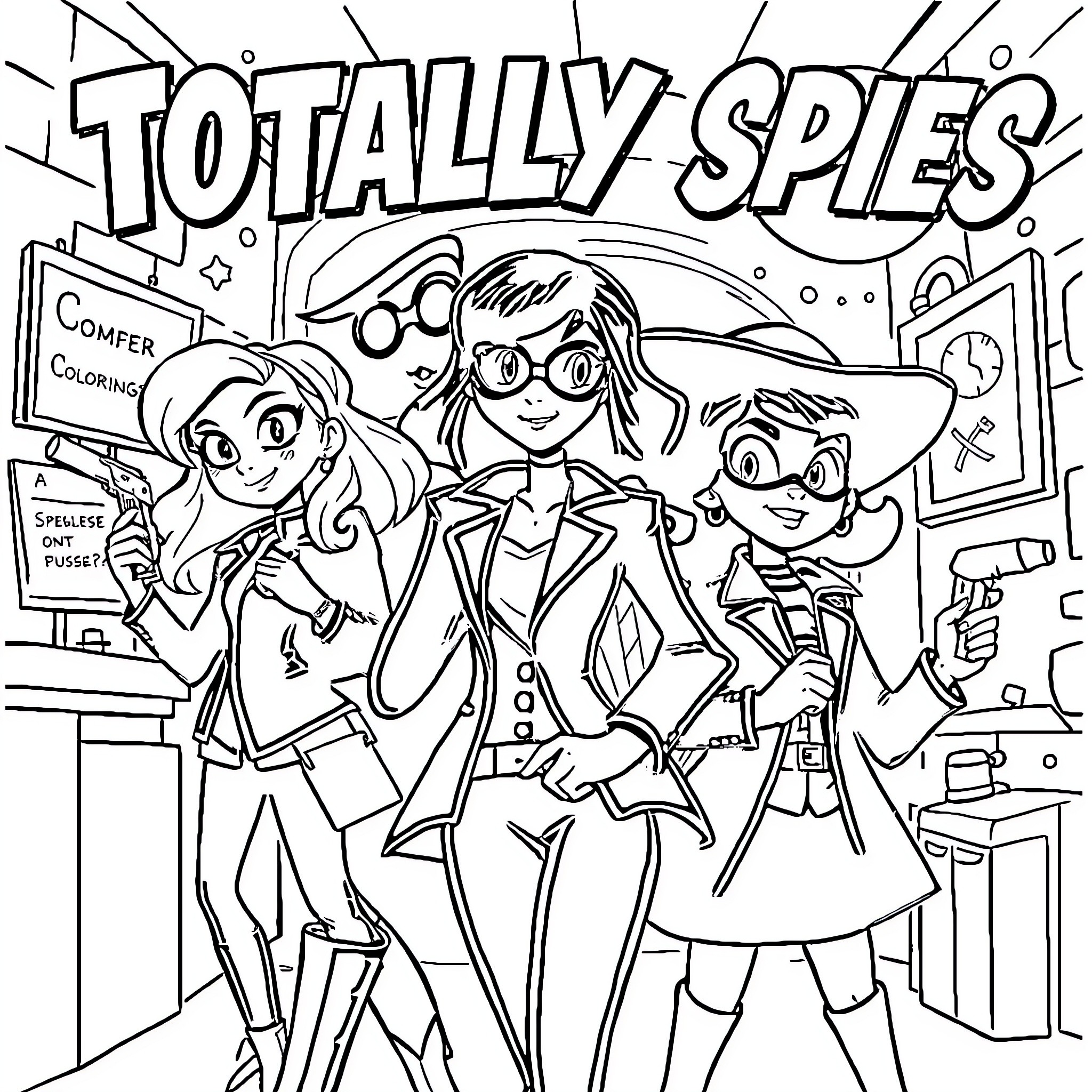Totally Spies on a Secret Mission Coloring Page (free black-and-white line drawing printable PDF for all, from beginners to advanced learners, including children, teens, adults, and seniors)