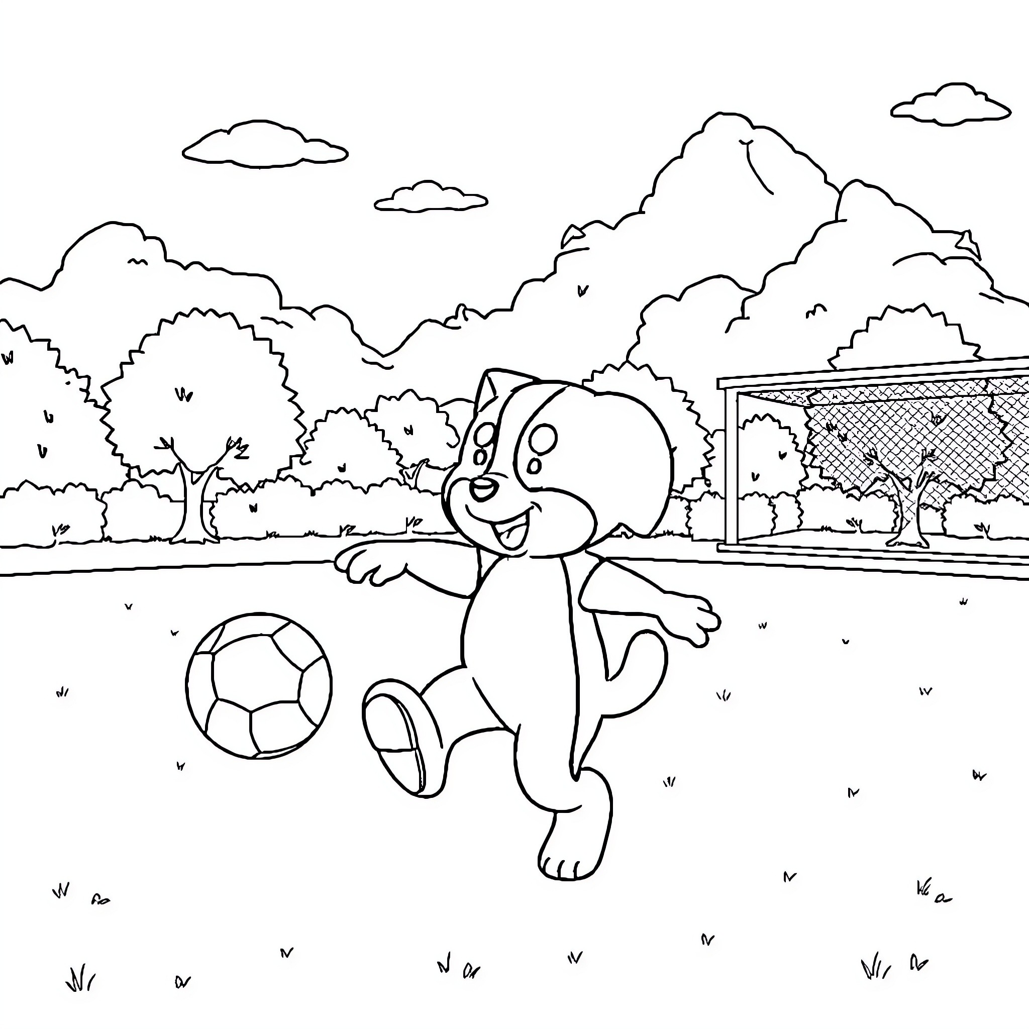 Kuromi playing with a soccer ball in a park Coloring Page (free black-and-white line drawing printable PDF for all, from beginners to advanced learners, including children, teens, adults, and seniors)