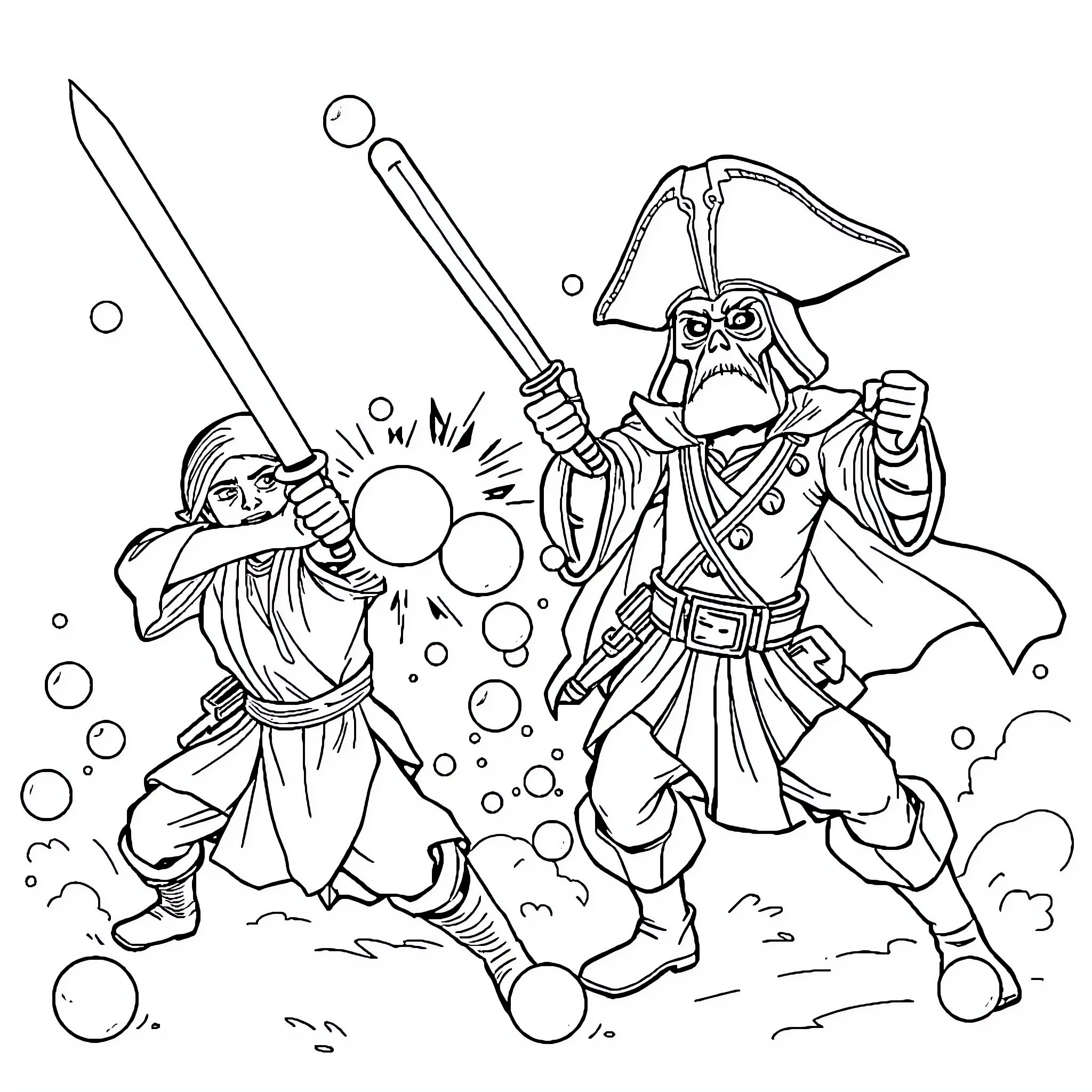 Jedi knights engaging in epic lightsaber duel Coloring Page (free black-and-white line drawing printable PDF for all, from beginners to advanced learners, including children, teens, adults, and seniors)