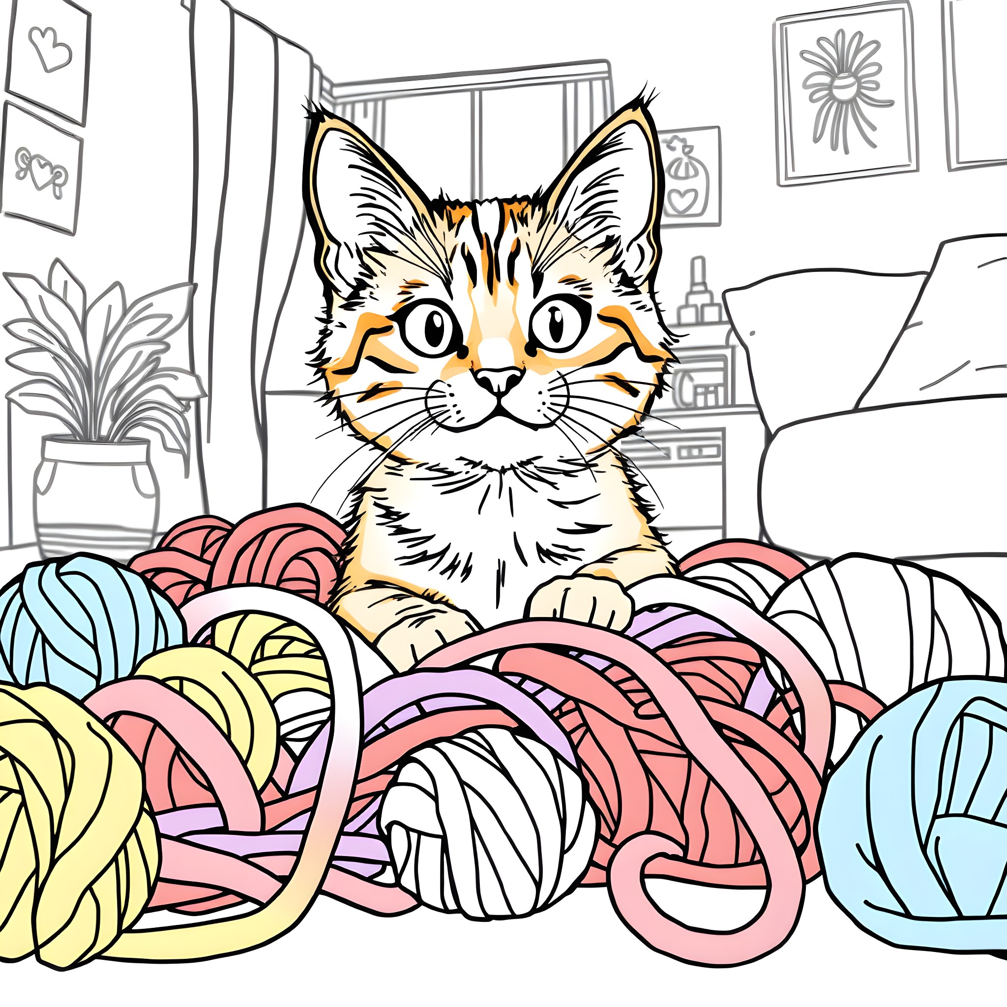 Ginger kitty playing in a pile of colorful yarn Coloring Page (free black-and-white line drawing printable PDF for all, from beginners to advanced learners, including children, teens, adults, and seniors)