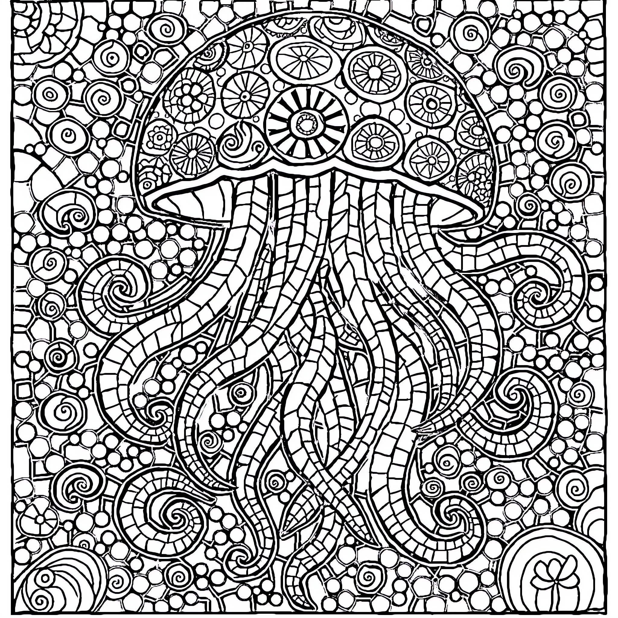 Jellyfish in a Whimsical Underwater Mosaic Coloring Page (free black-and-white line drawing printable PDF for all, from beginners to advanced learners, including children, teens, adults, and seniors)