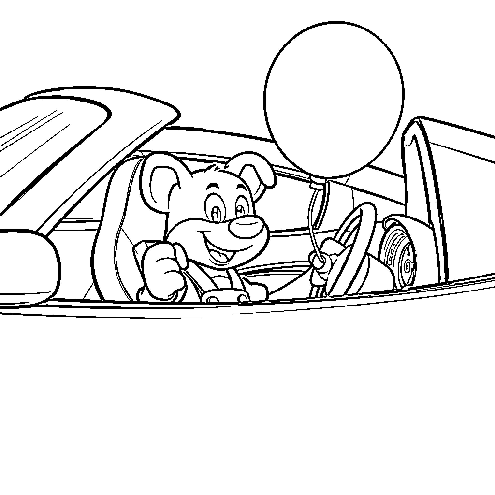 Bluey driving a car with a balloon Coloring Page (free black-and-white line drawing printable PDF for all, from beginners to advanced learners, including children, teens, adults, and seniors)