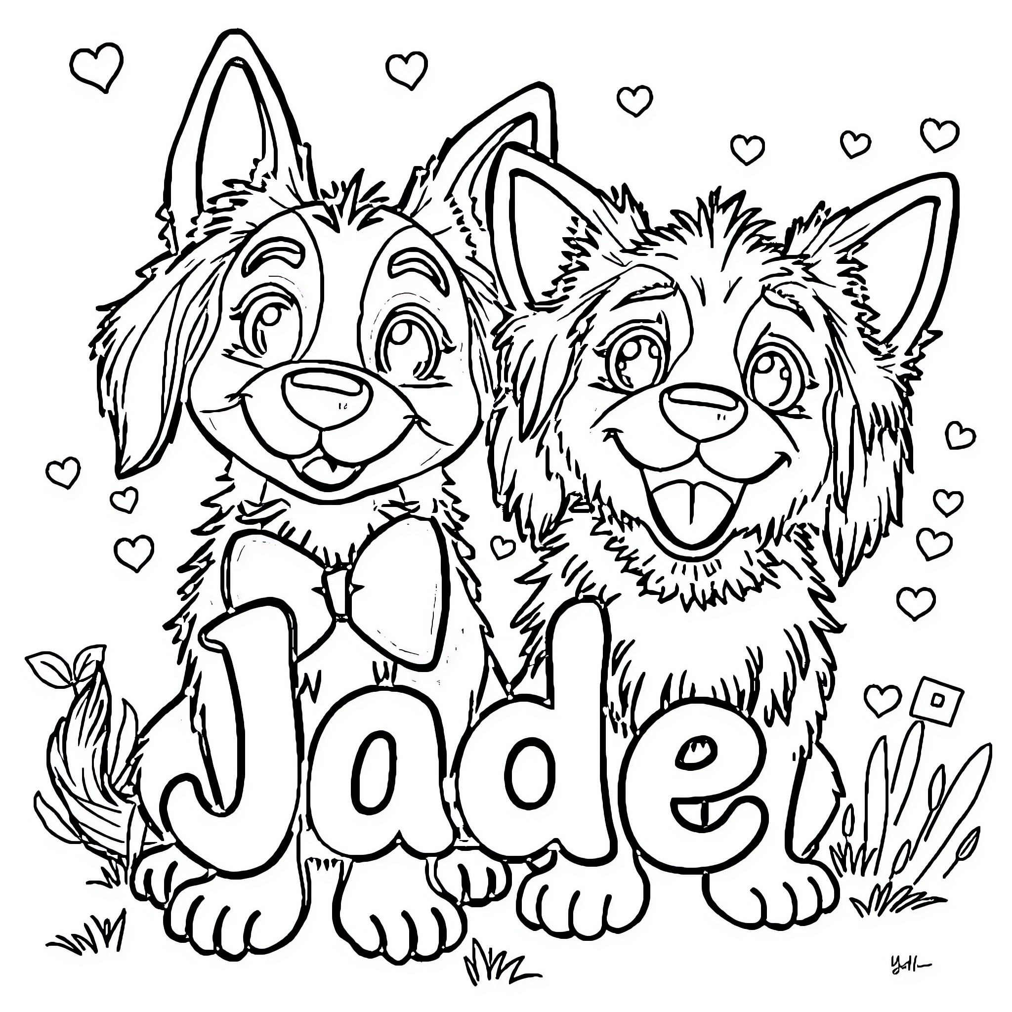 Bluey and Jade Playing Together with Hearts Coloring Page (free black-and-white line drawing printable PDF for all, from beginners to advanced learners, including children, teens, adults, and seniors)