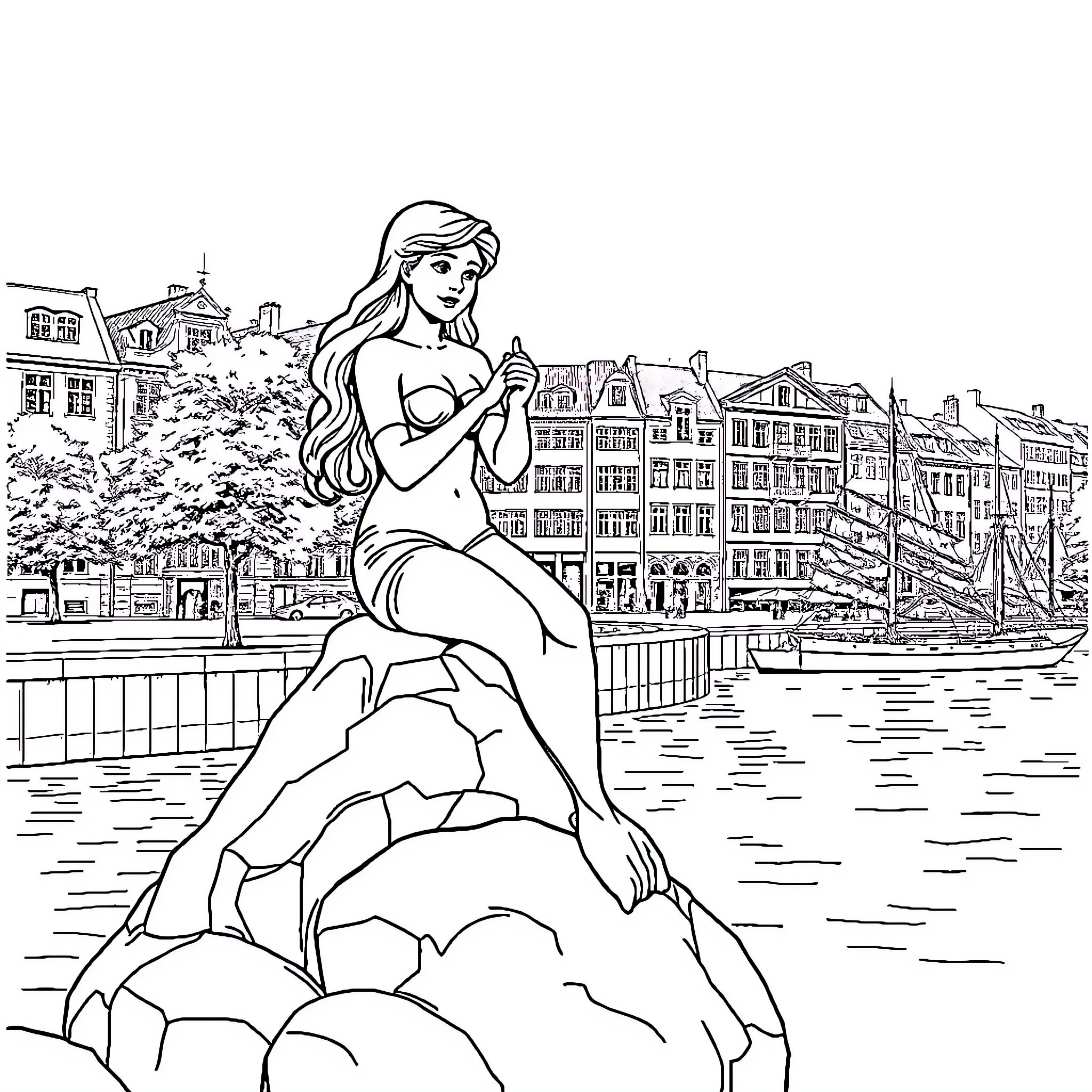 Mermaid overlooking a coastal town Coloring Page (free black-and-white line drawing printable PDF for all, from beginners to advanced learners, including children, teens, adults, and seniors)