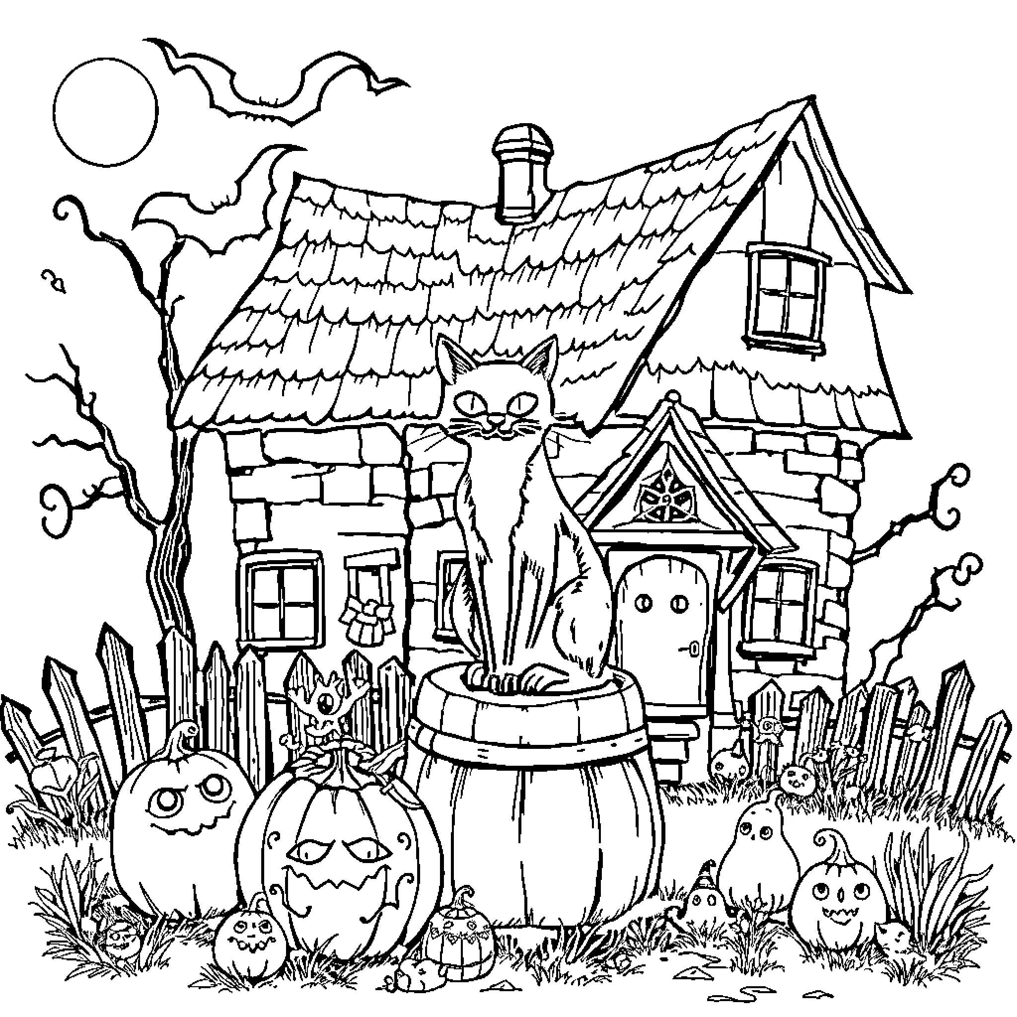 Häxa's Spooky Halloween Cottage with Pumpkins Coloring Page (free black-and-white line drawing printable PDF for all, from beginners to advanced learners, including children, teens, adults, and seniors)