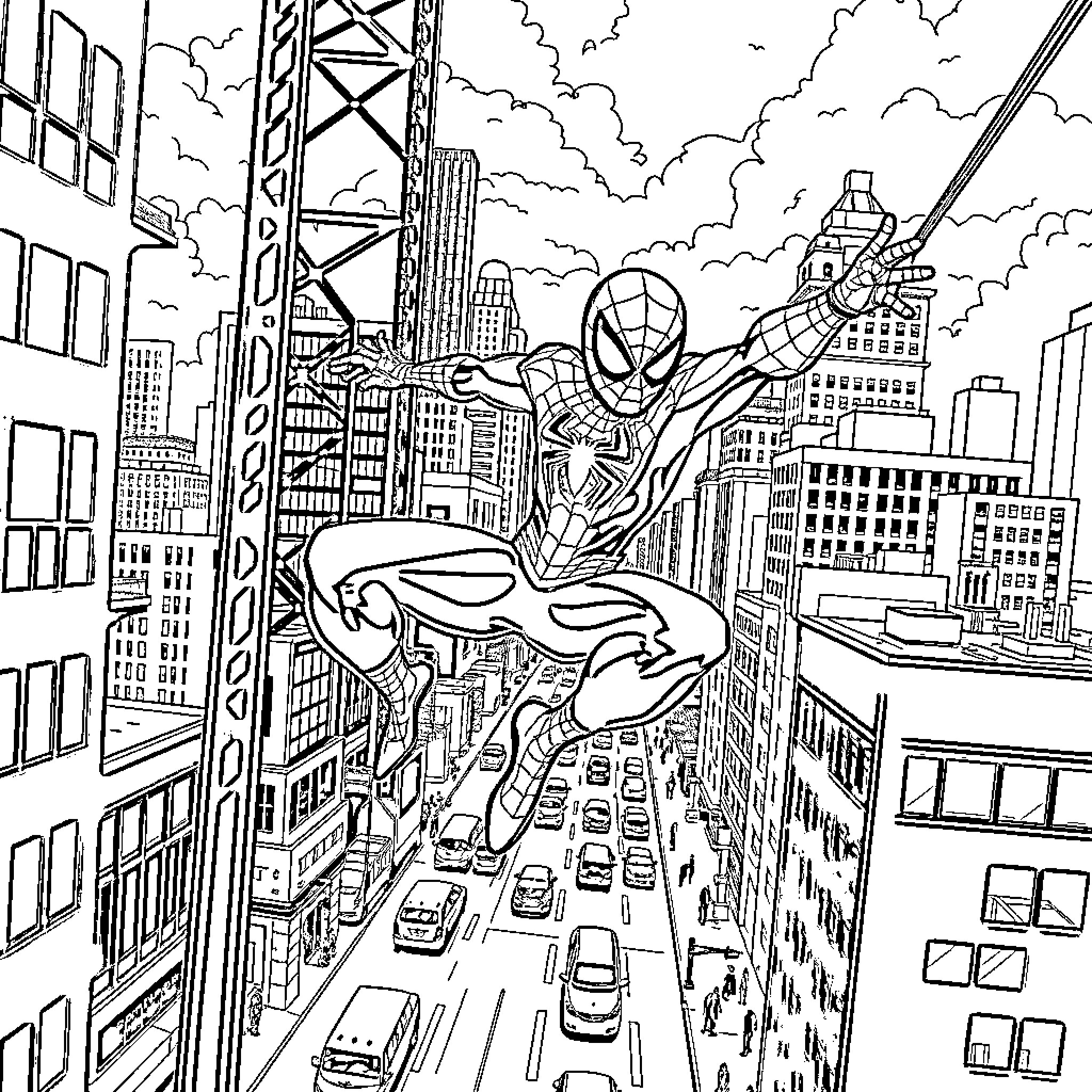 Spider-Man swinging through the city streets Coloring Page (free black-and-white line drawing printable PDF for all, from beginners to advanced learners, including children, teens, adults, and seniors)