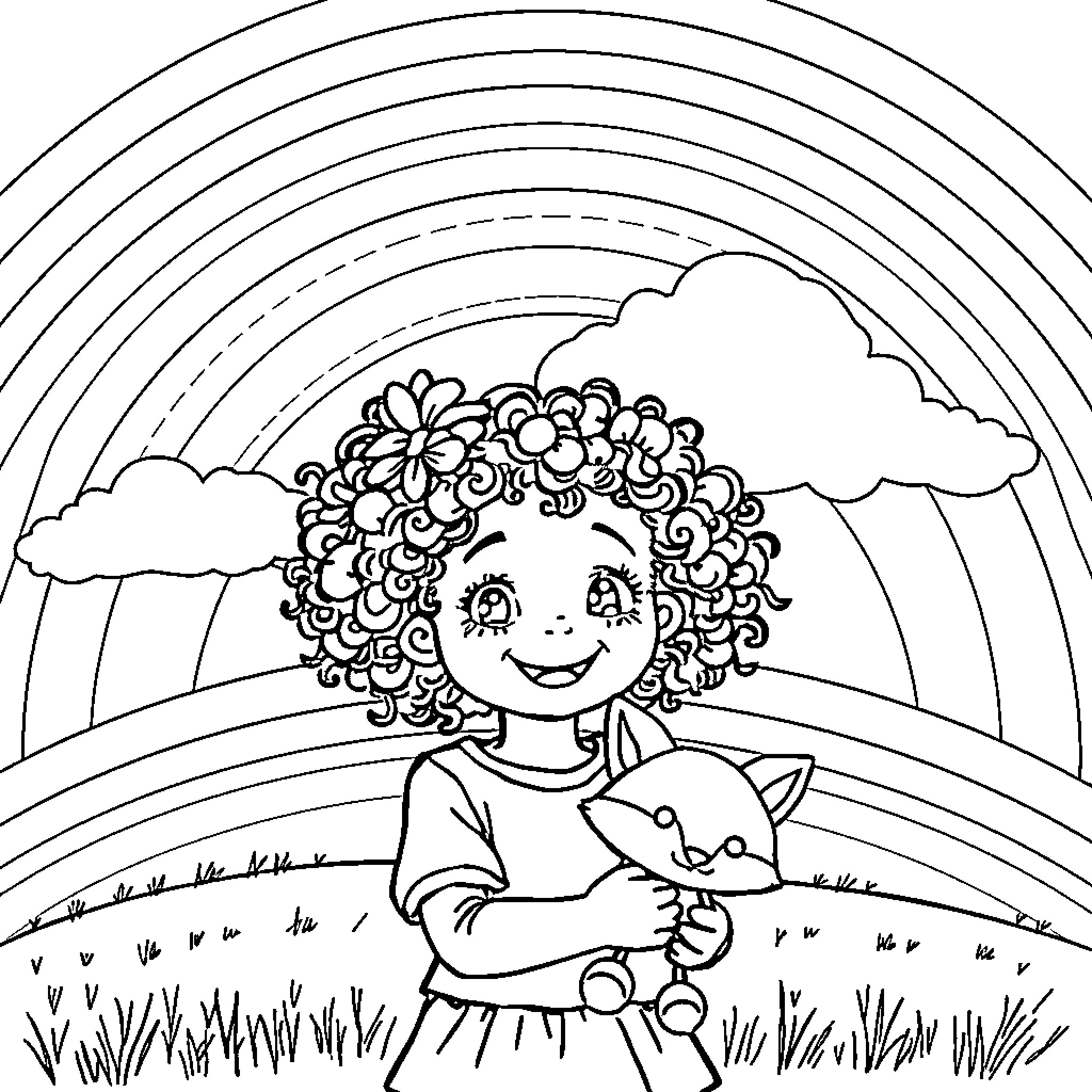 Girl playing happily with her pet in a field Coloring Page (free black-and-white line drawing printable PDF for all, from beginners to advanced learners, including children, teens, adults, and seniors)
