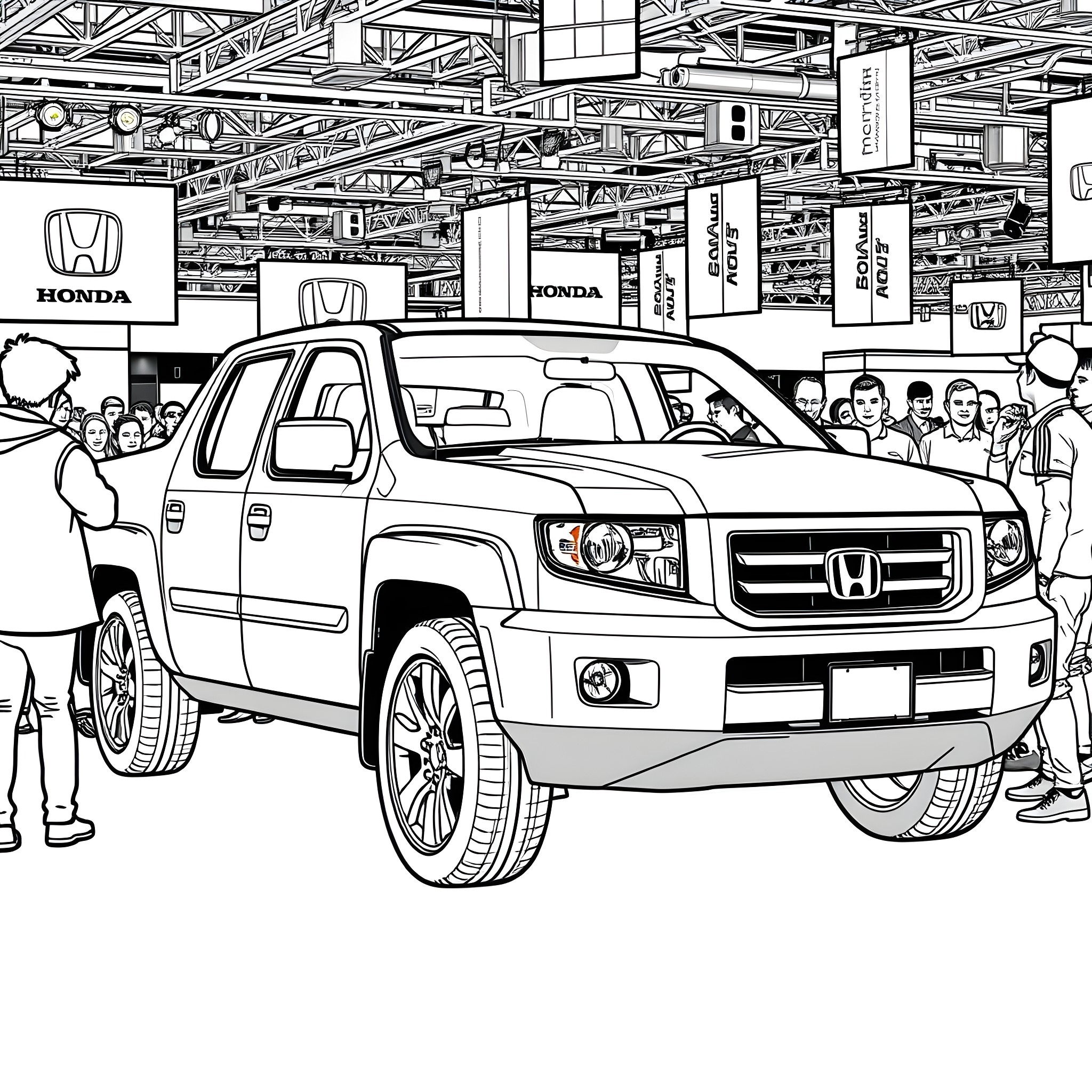 Honda Ridgeline at Auto Show with Crowd Coloring Page (free black-and-white line drawing printable PDF for all, from beginners to advanced learners, including children, teens, adults, and seniors)