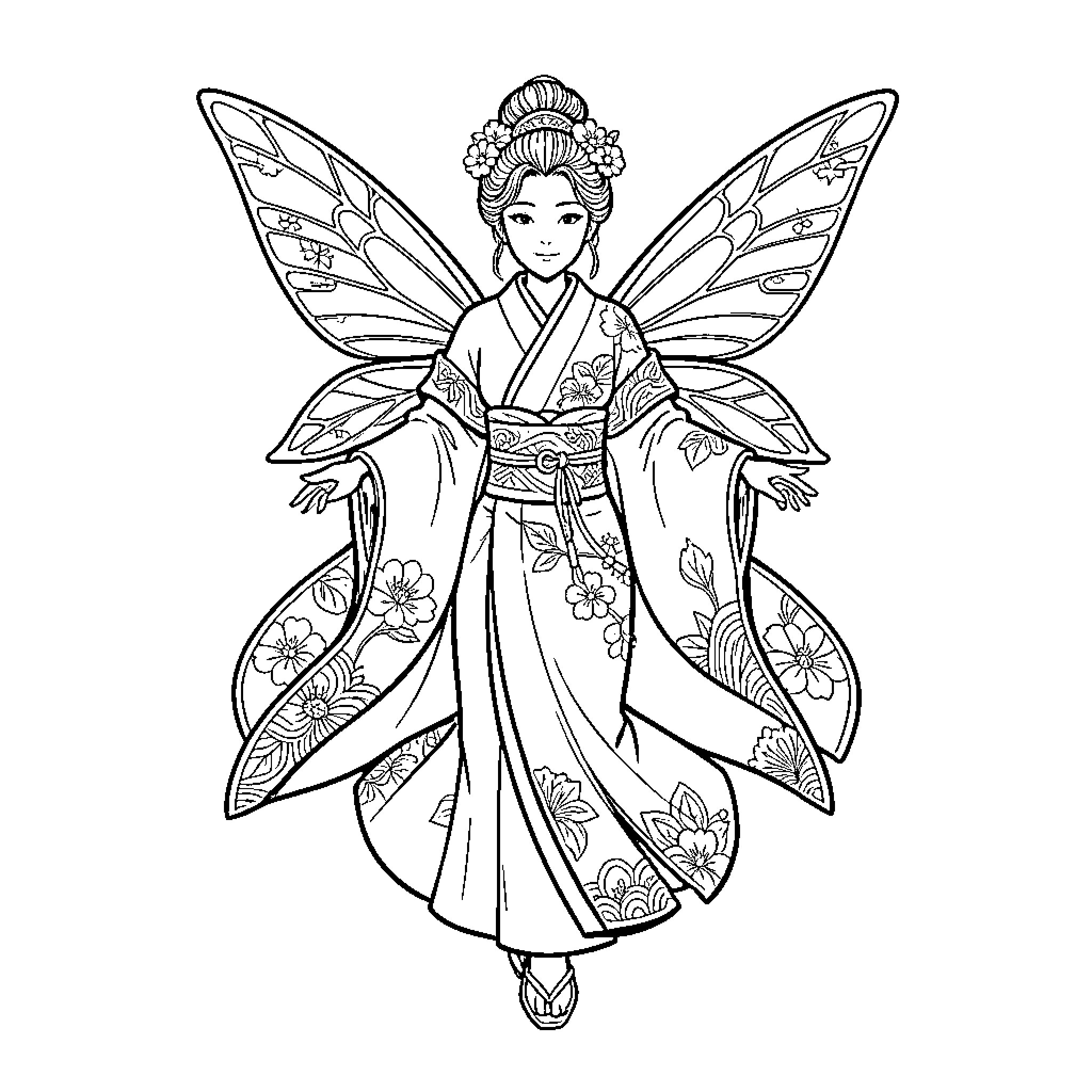 Faerie wearing a floral kimono and spreading wings Coloring Page (free black-and-white line drawing printable PDF for all, from beginners to advanced learners, including children, teens, adults, and seniors)