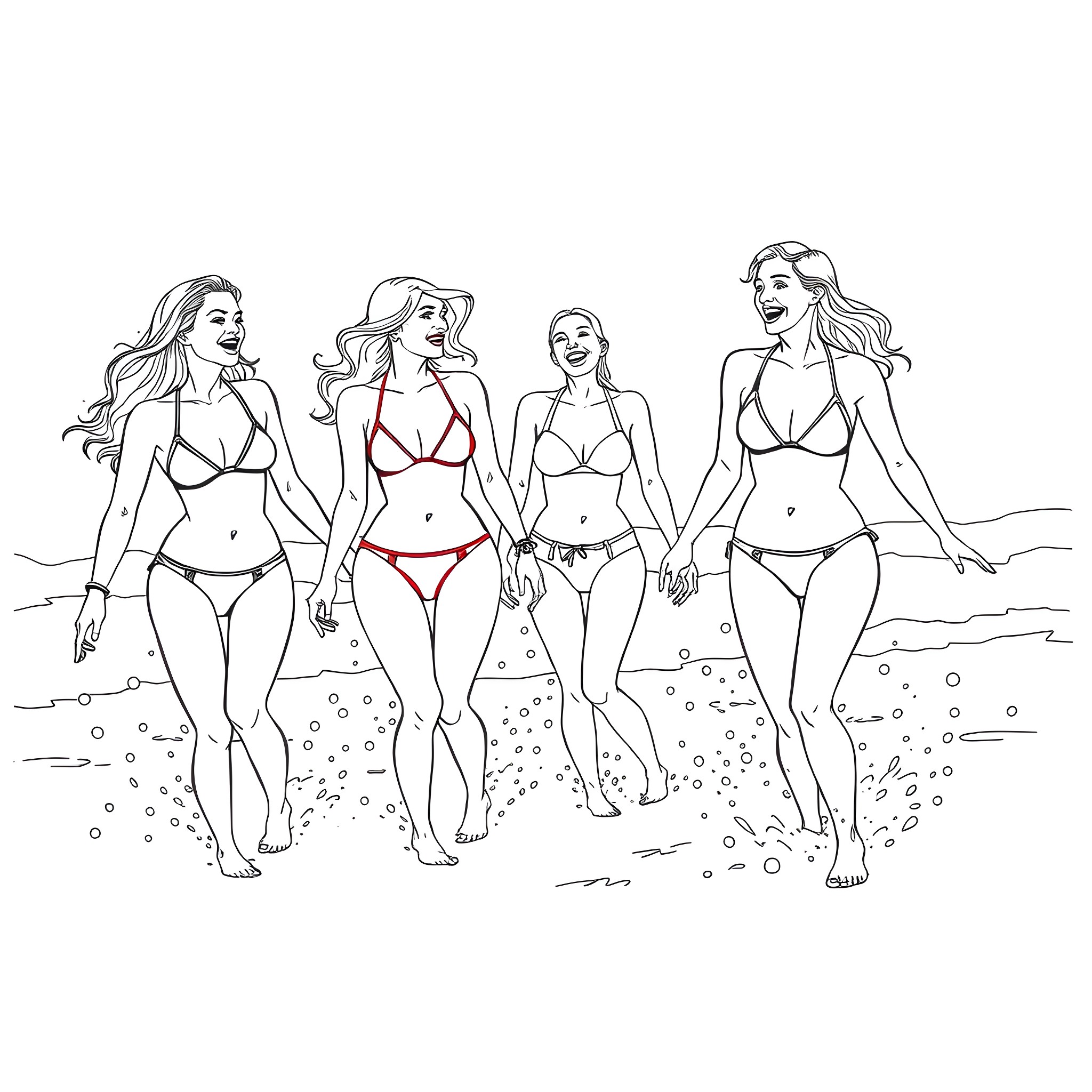 Girls enjoying a beach day in swimwear Coloring Page (free black-and-white line drawing printable PDF for all, from beginners to advanced learners, including children, teens, adults, and seniors)
