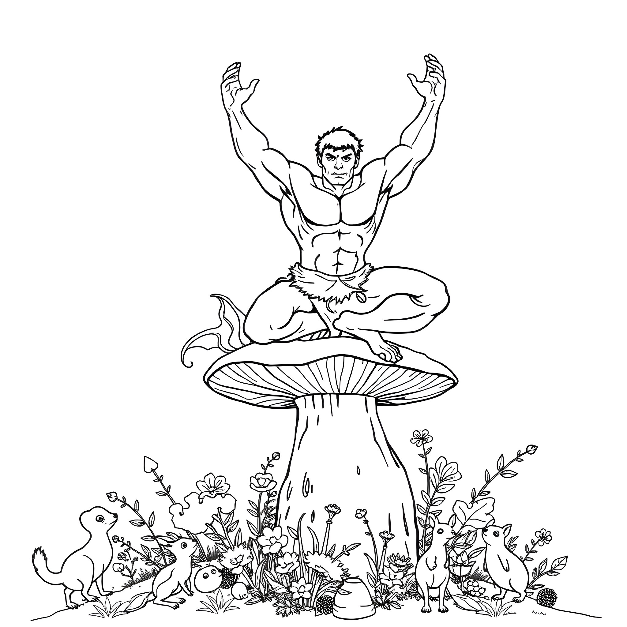 Hulk Meditating Amidst Enchanted Mushroom Garden Coloring Page (free black-and-white line drawing printable PDF for all, from beginners to advanced learners, including children, teens, adults, and seniors)