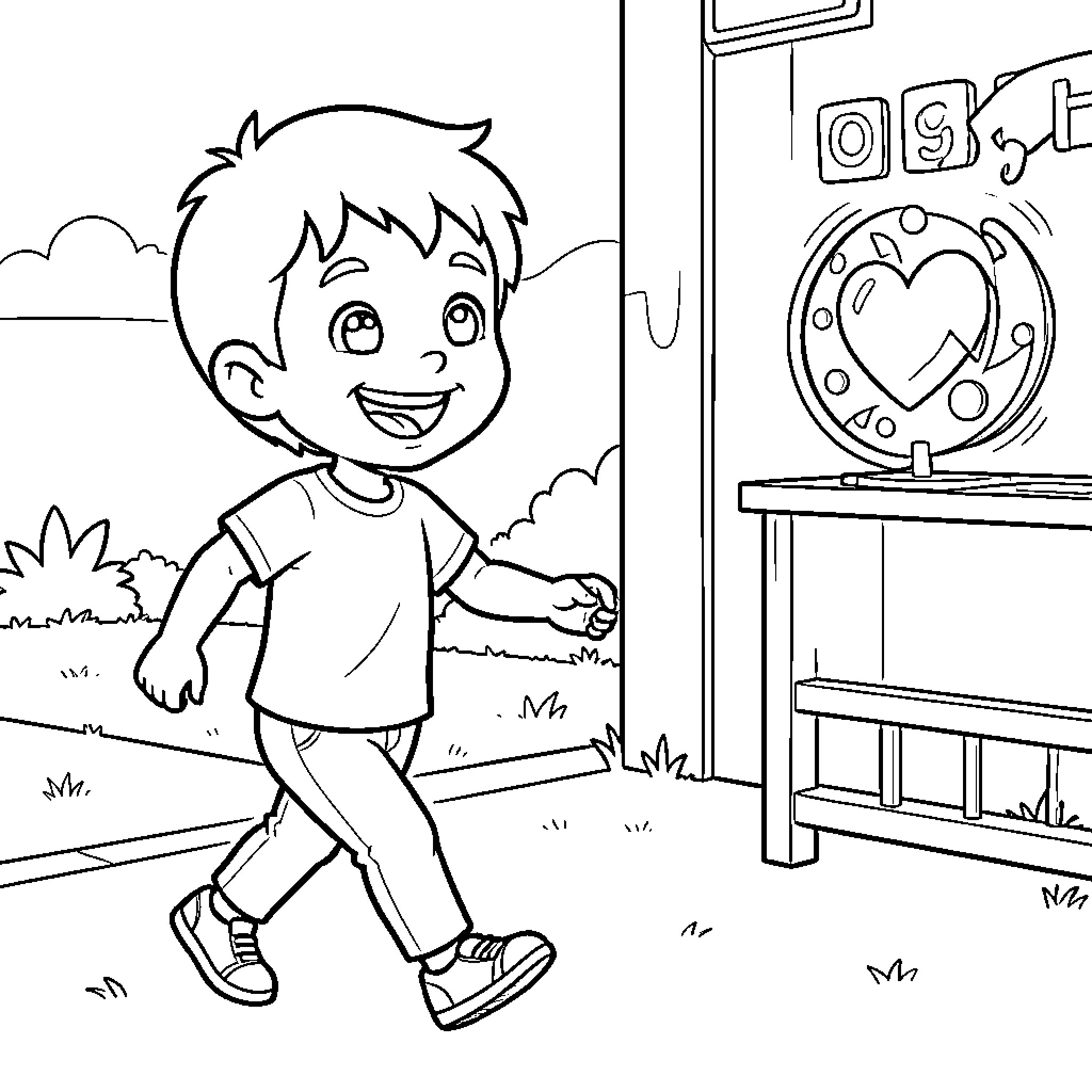Niño cheerfully walking home from school Coloring Page (free black-and-white line drawing printable PDF for all, from beginners to advanced learners, including children, teens, adults, and seniors)