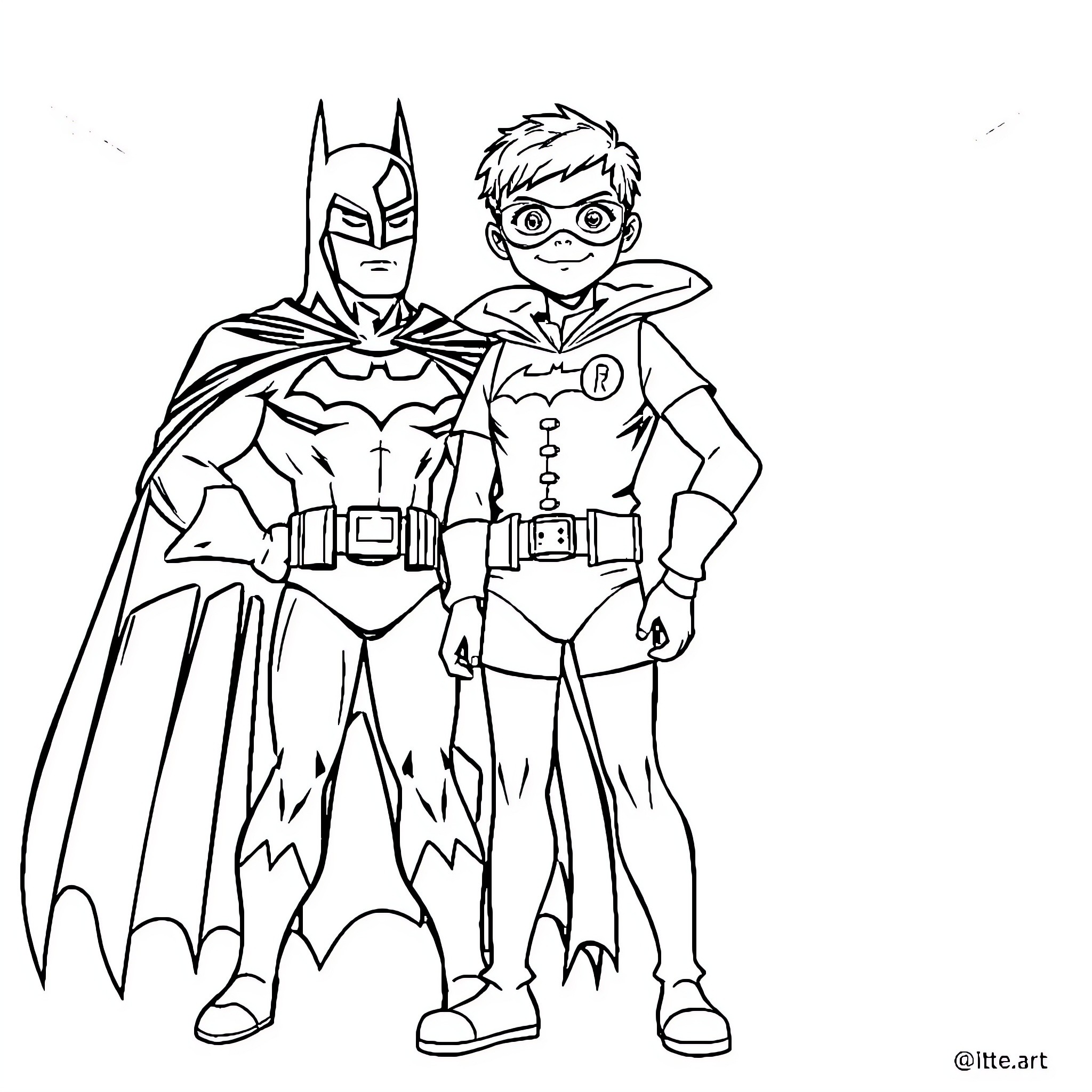 Robin and Batman - Dynamic Duo on a Mission Coloring Page (free black-and-white line drawing printable PDF for all, from beginners to advanced learners, including children, teens, adults, and seniors)