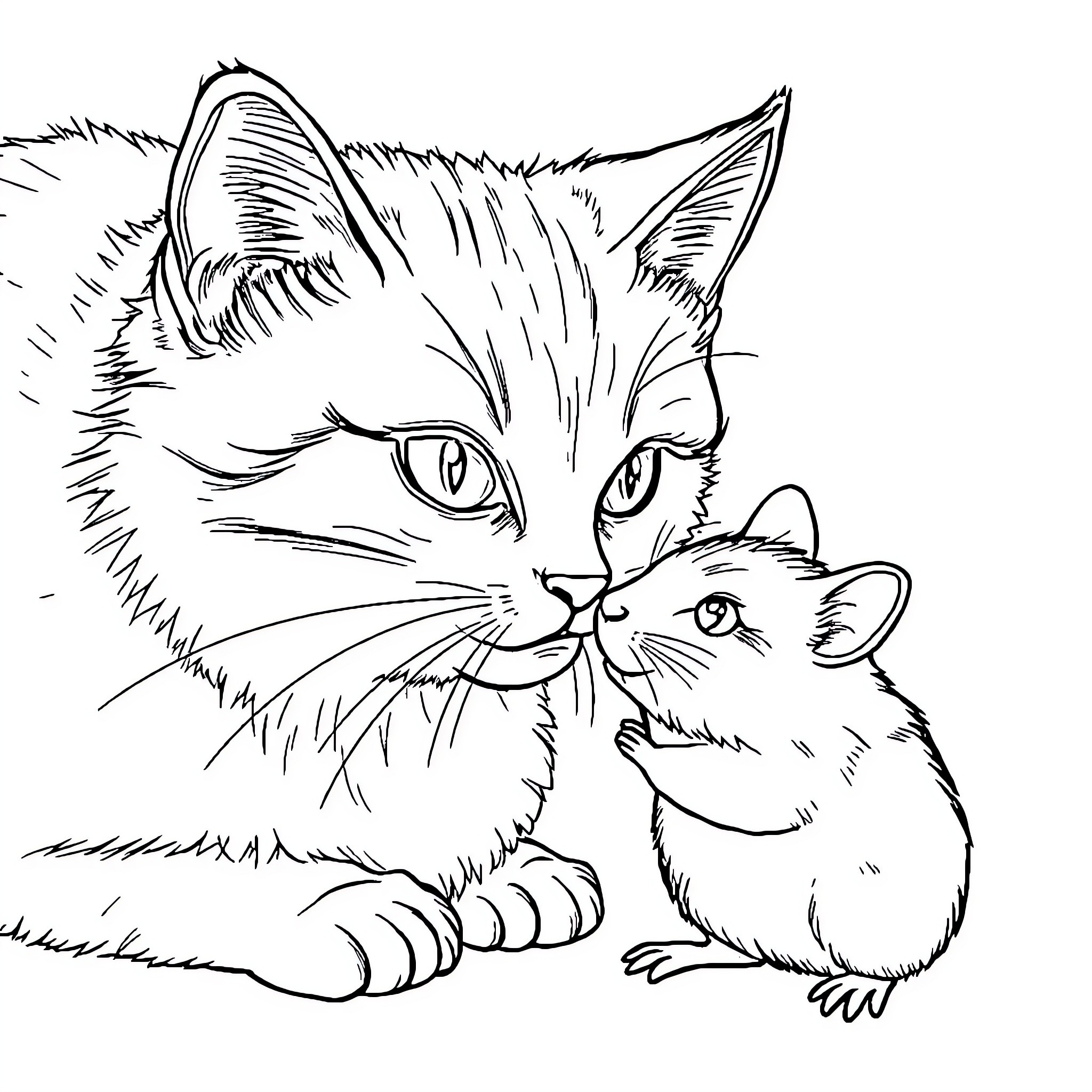 Cat playing with small furry friend Coloring Page (free black-and-white line drawing printable PDF for all, from beginners to advanced learners, including children, teens, adults, and seniors)