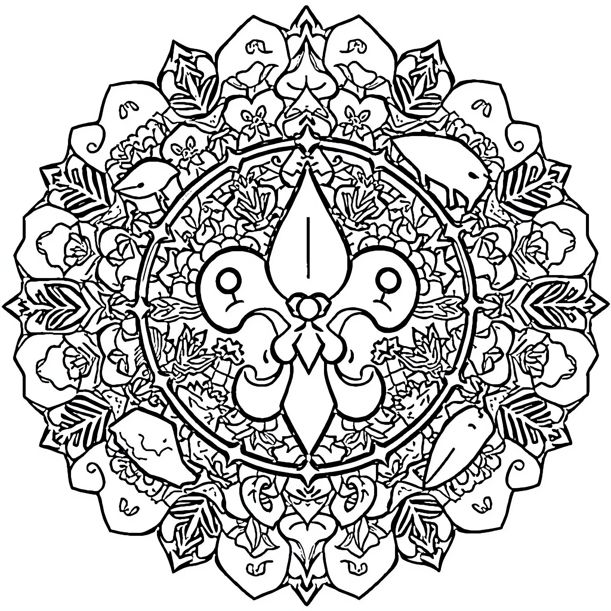 Mandala with whimsical floral patterns and abstract elements Coloring Page (free black-and-white line drawing printable PDF for all, from beginners to advanced learners, including children, teens, adults, and seniors)