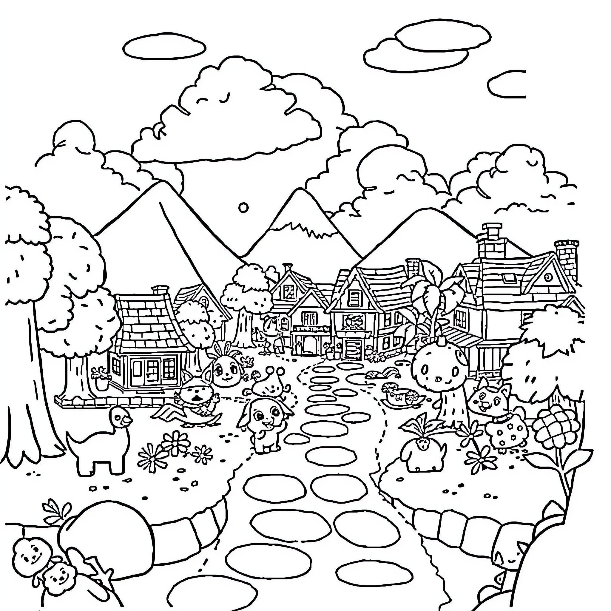 Animal characters in a whimsical village scene Coloring Page (free black-and-white line drawing printable PDF for all, from beginners to advanced learners, including children, teens, adults, and seniors)