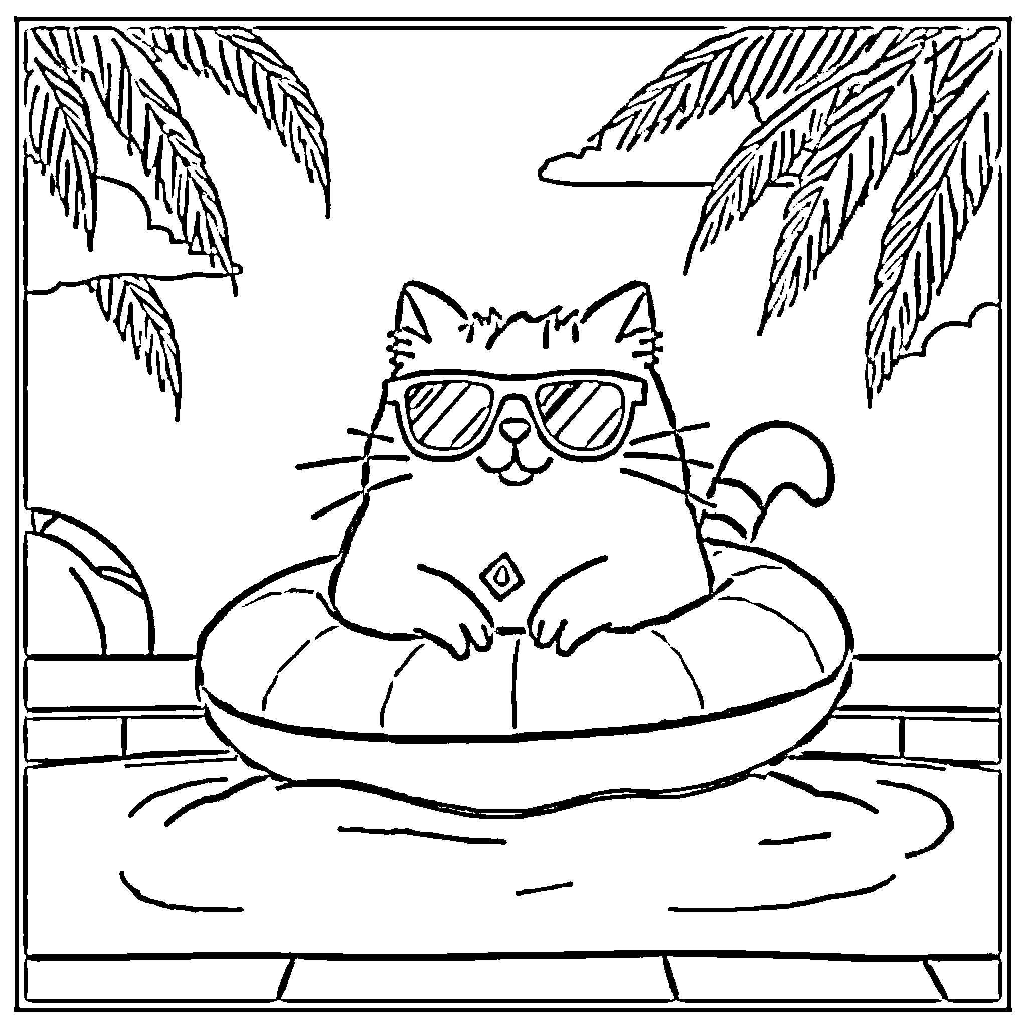 Pusheen relaxing in a pool with sunglasses Coloring Page (free black-and-white line drawing printable PDF for all, from beginners to advanced learners, including children, teens, adults, and seniors)