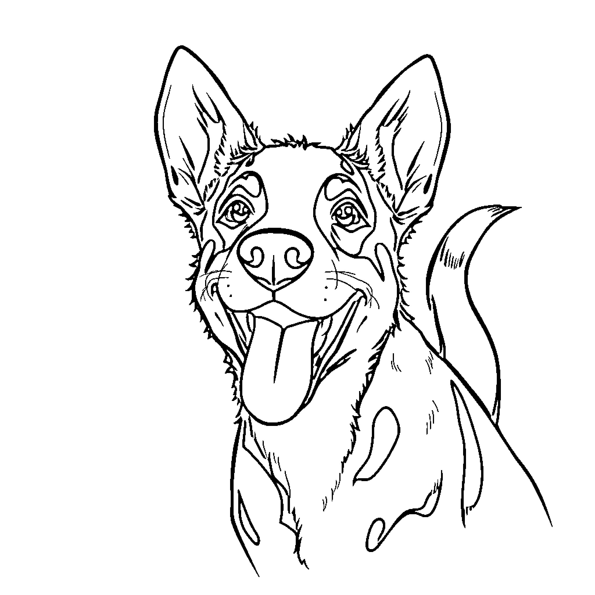 Cattle Dog smiling happily Coloring Page (free black-and-white line drawing printable PDF for all, from beginners to advanced learners, including children, teens, adults, and seniors)