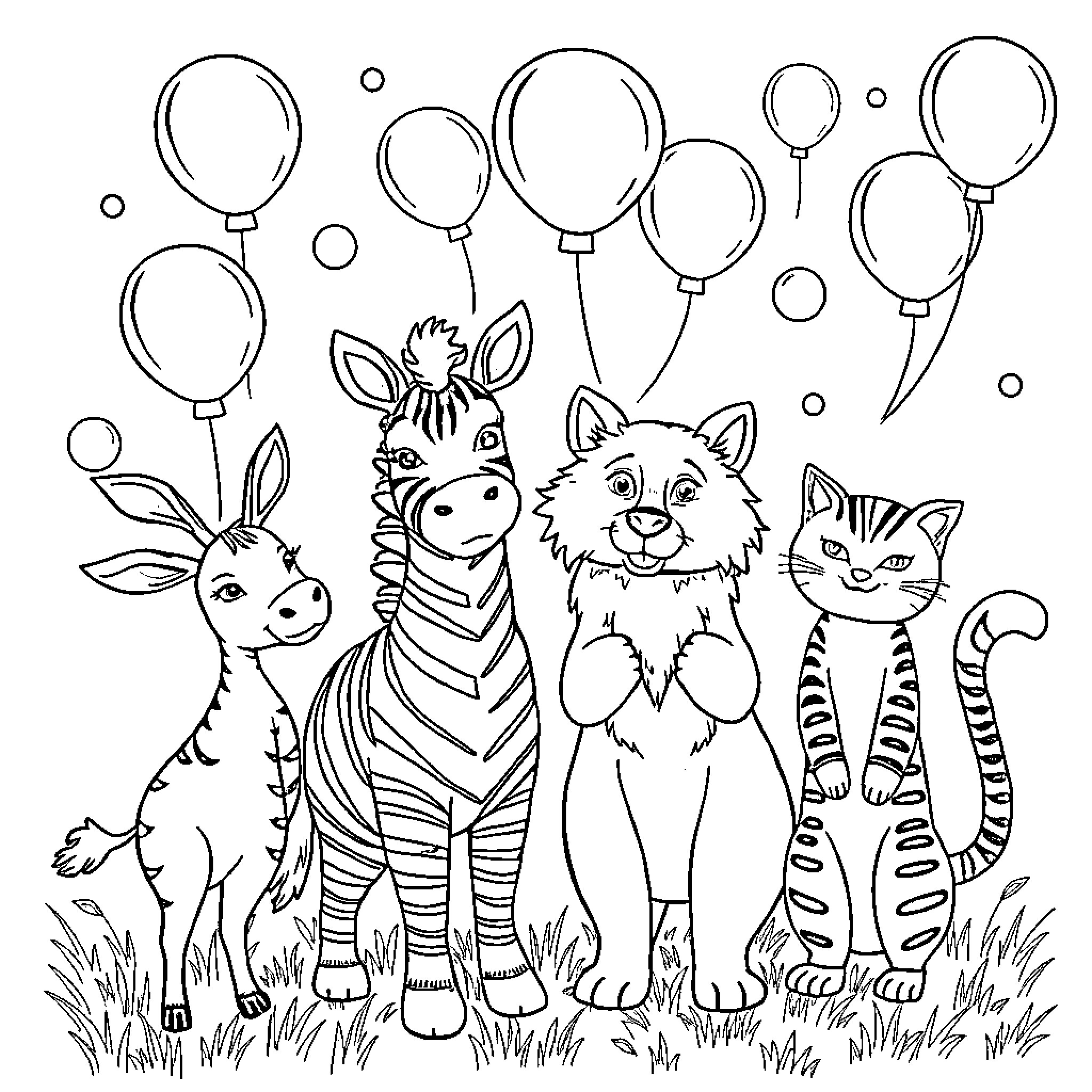 Hase and friends enjoy playful day with balloons Coloring Page (free black-and-white line drawing printable PDF for all, from beginners to advanced learners, including children, teens, adults, and seniors)
