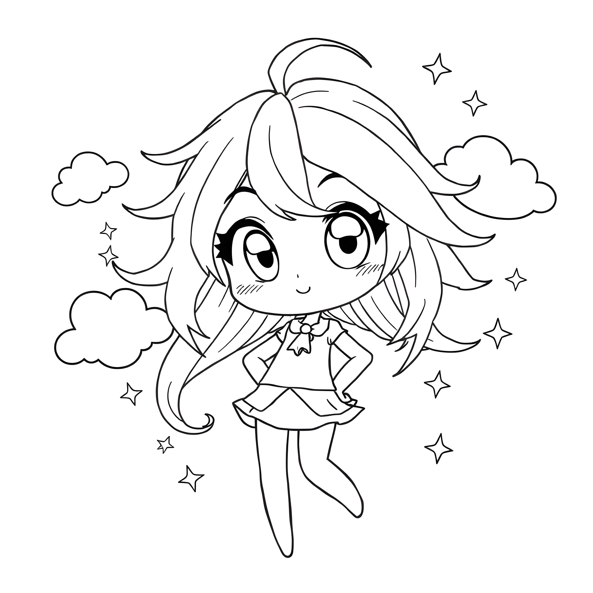 Anime Girl in Whimsical Starry Sky Coloring Page (free black-and-white line drawing printable PDF for all, from beginners to advanced learners, including children, teens, adults, and seniors)