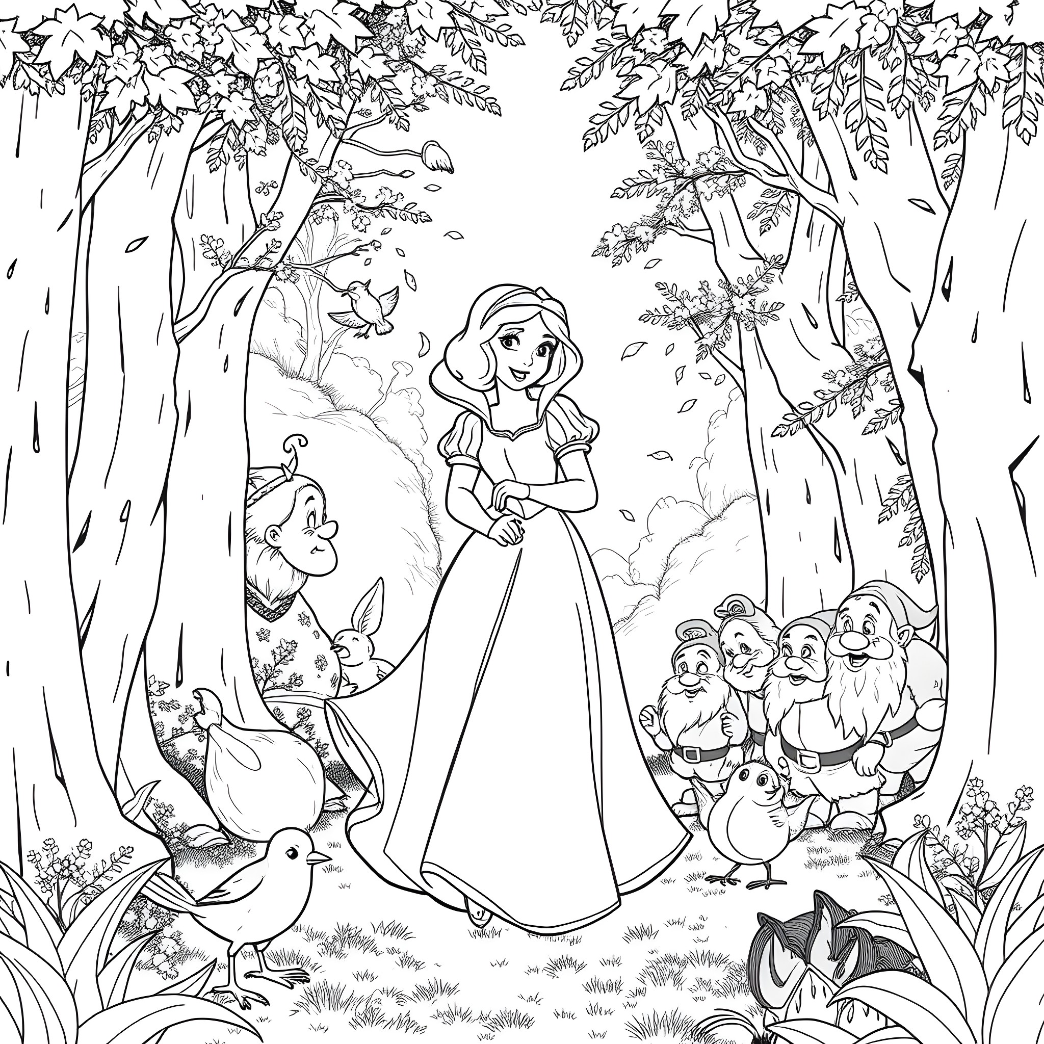 Snow White in the Enchanted Forest with Woodland Creatures Coloring Page (free black-and-white line drawing printable PDF for all, from beginners to advanced learners, including children, teens, adults, and seniors)